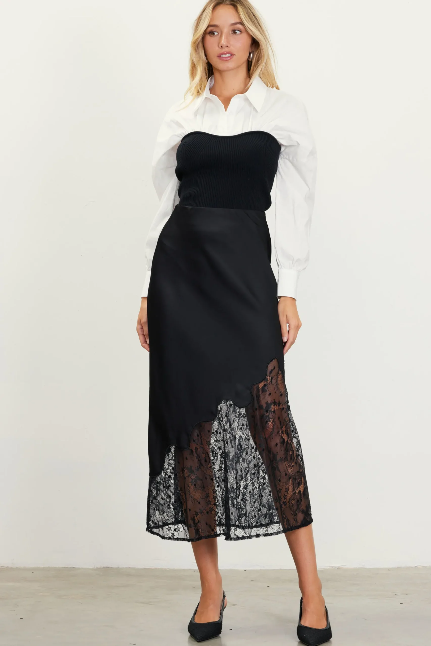 SKIES ARE BLUE Asymmetrical Lace Satin Skirt* Skirts
