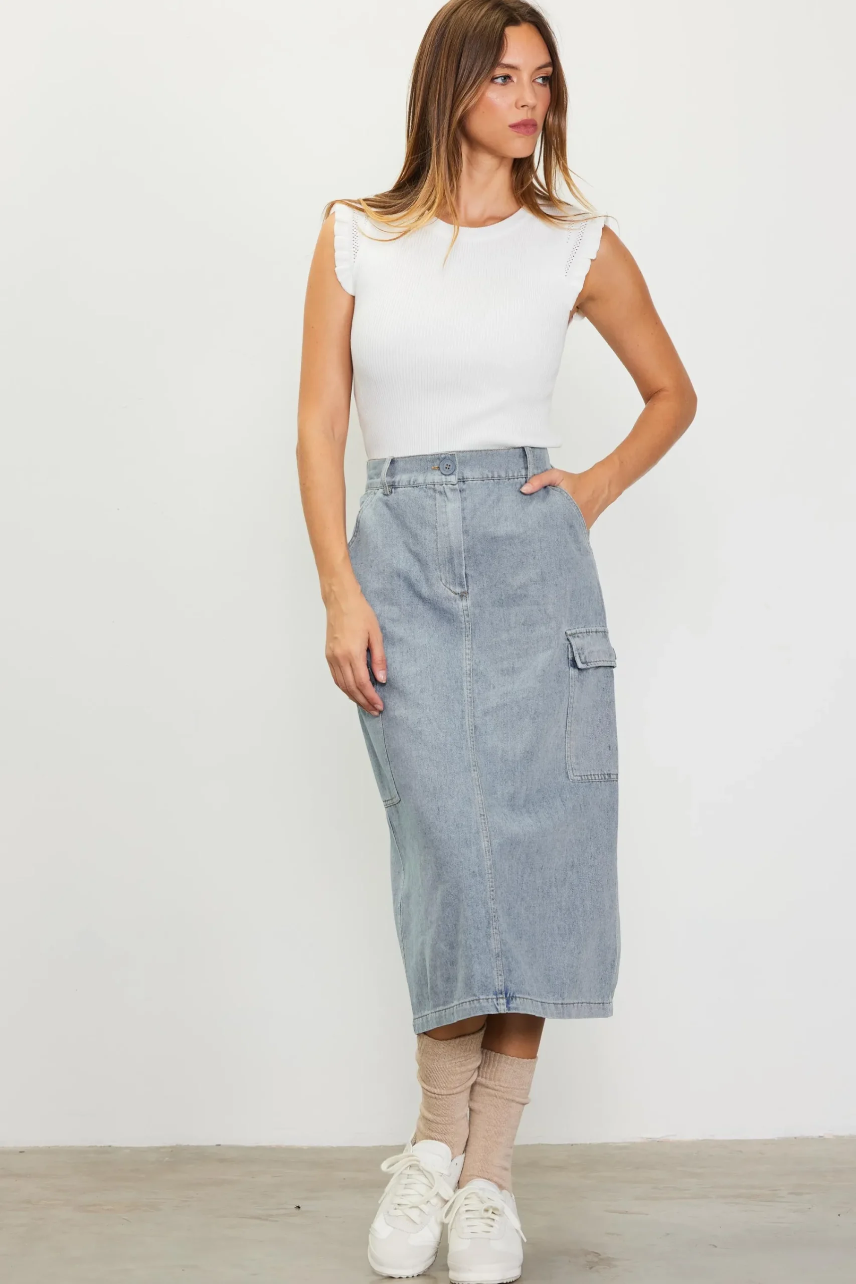 SKIES ARE BLUE Cargo Detail Midi Skirt* Skirts