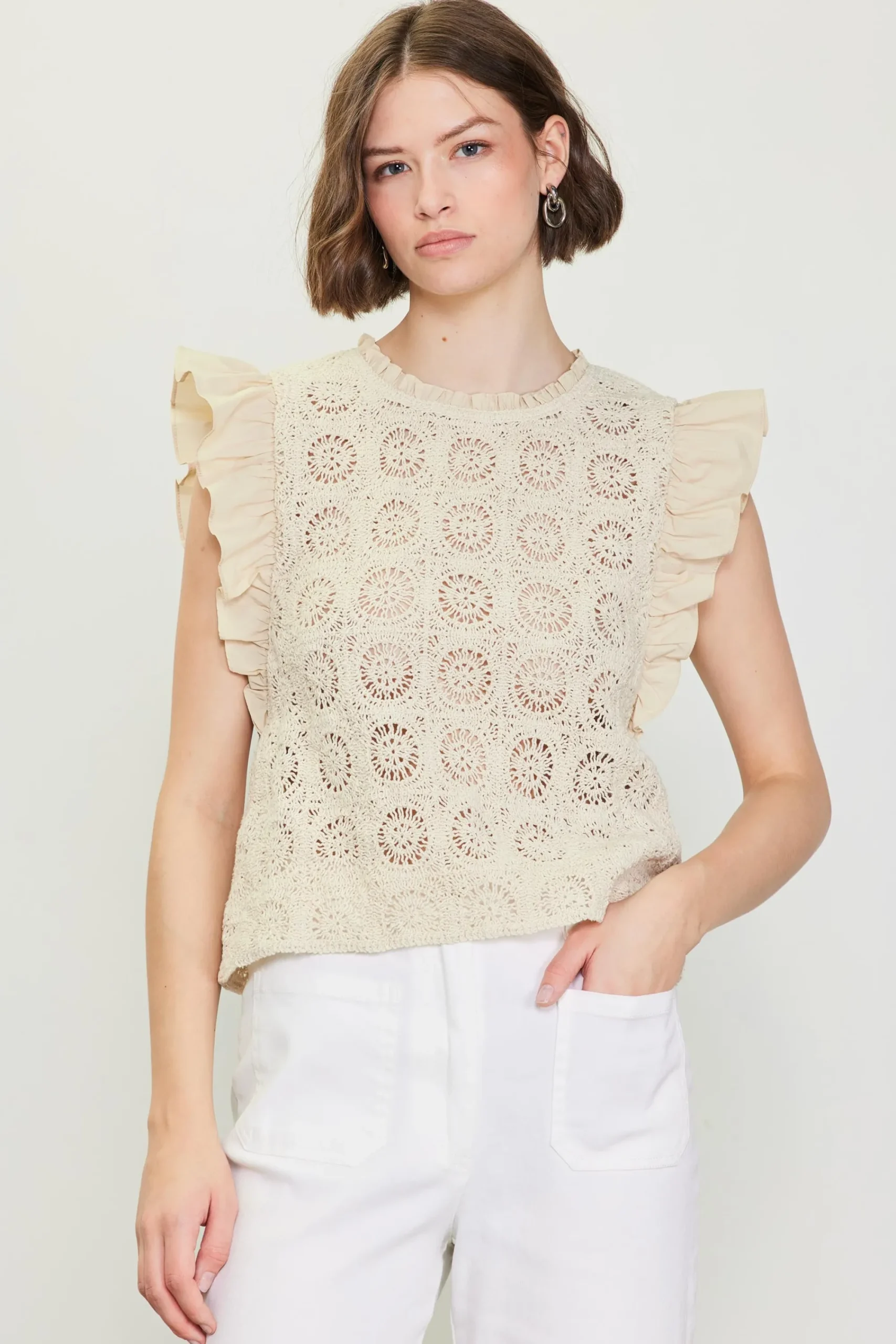 SKIES ARE BLUE Crochet Flutter Sleeve Top* Sleeveless Tops