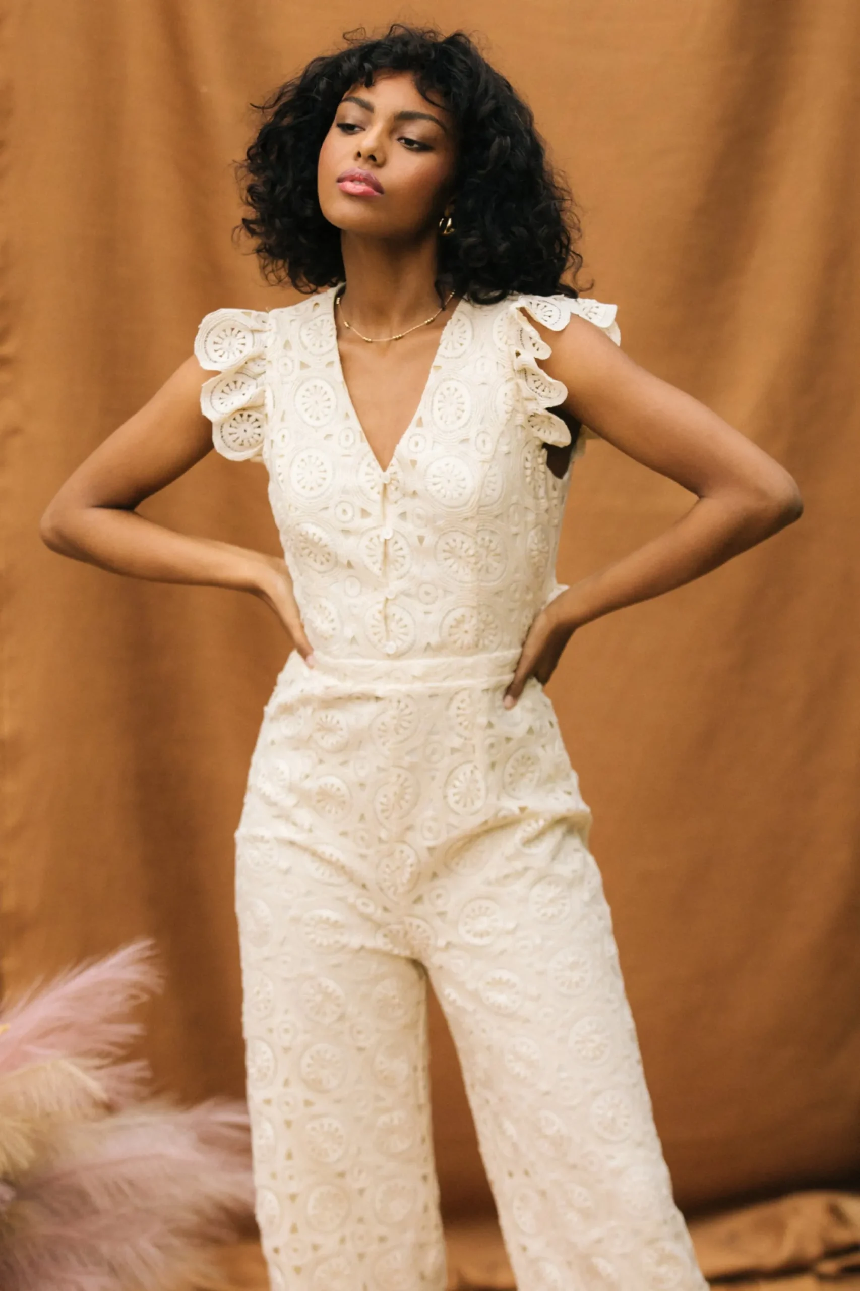SKIES ARE BLUE Crochet Ruffled Sleeve Jumpsuit* Jumpsuits