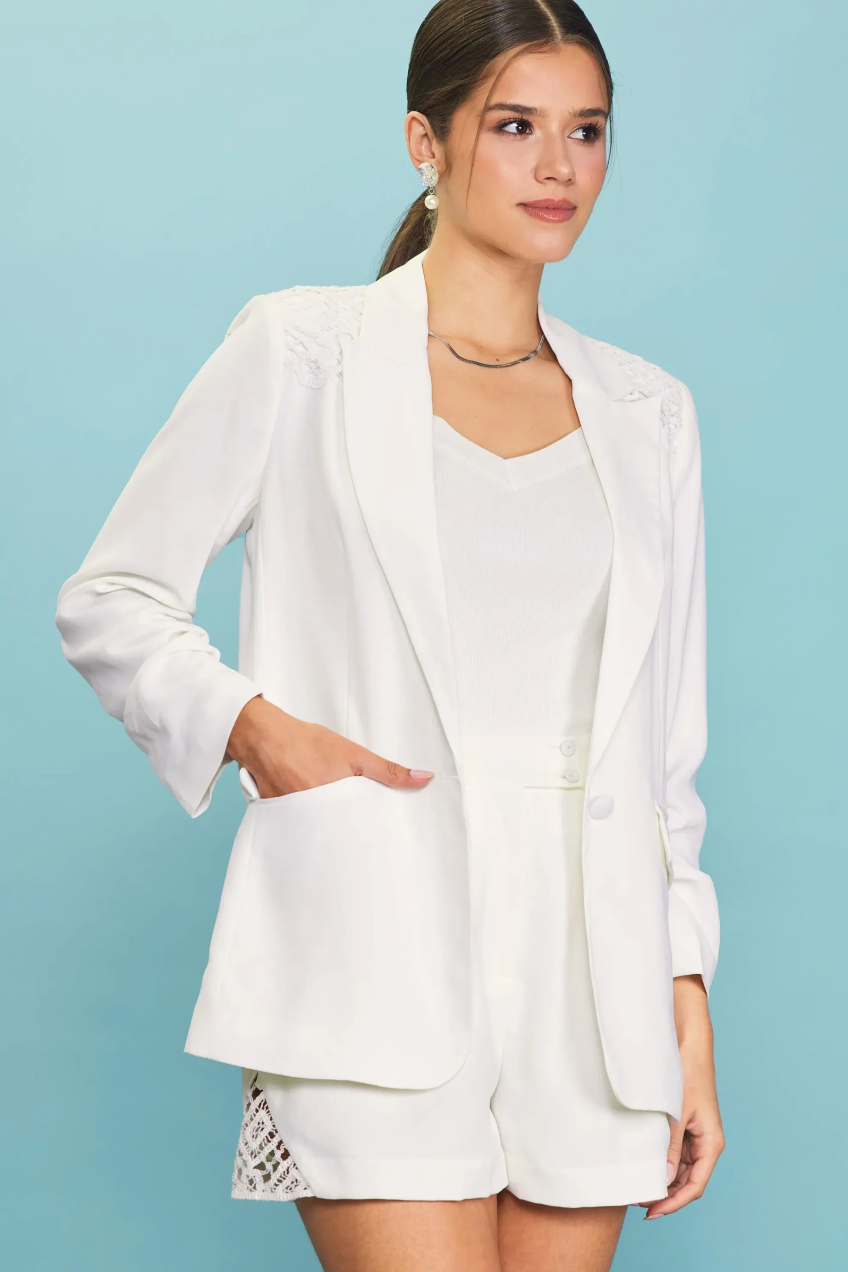 SKIES ARE BLUE Crochet Trim Shirred Sleeve Blazer* Blazers