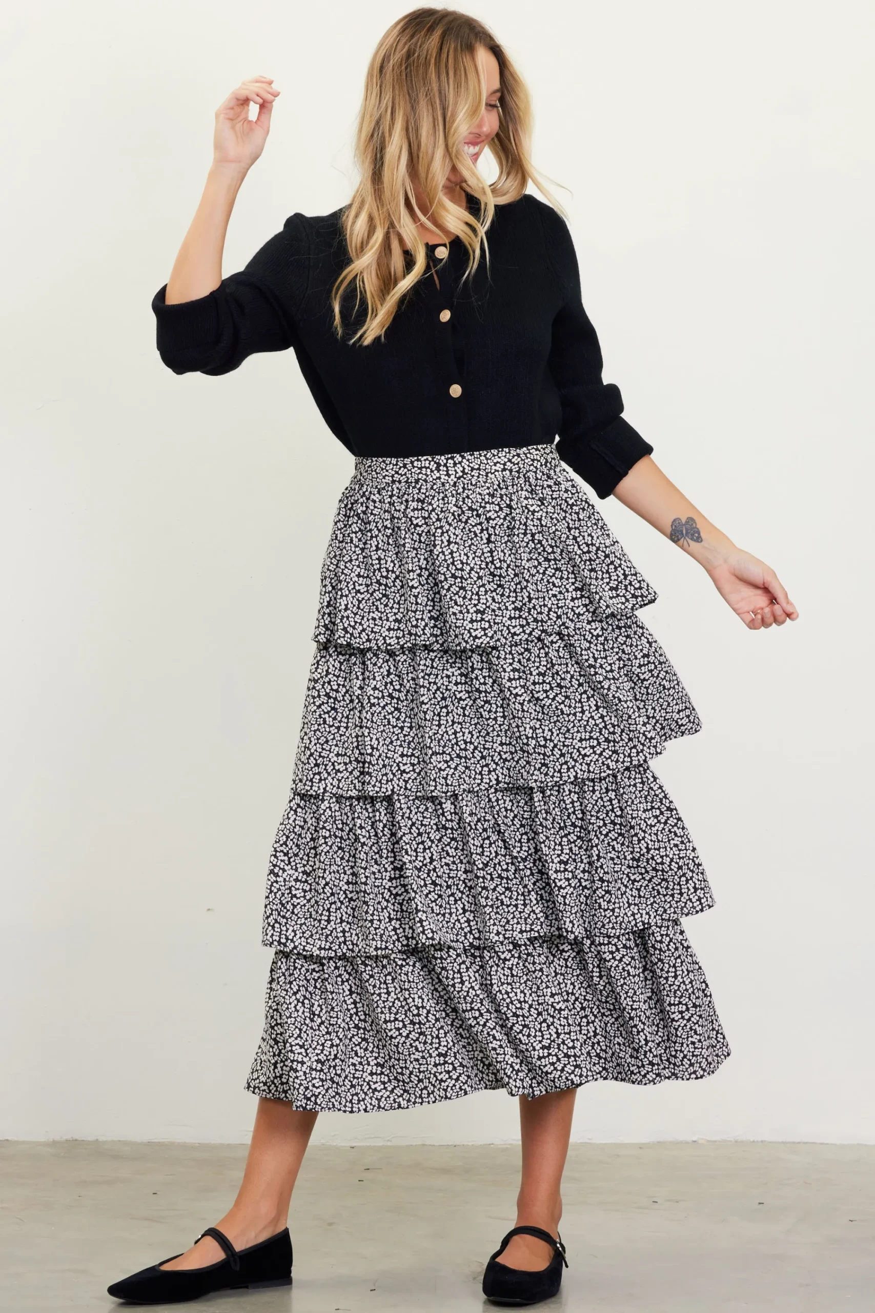 SKIES ARE BLUE Dainty Floral Print Ruffle Midi Skirt* Skirts