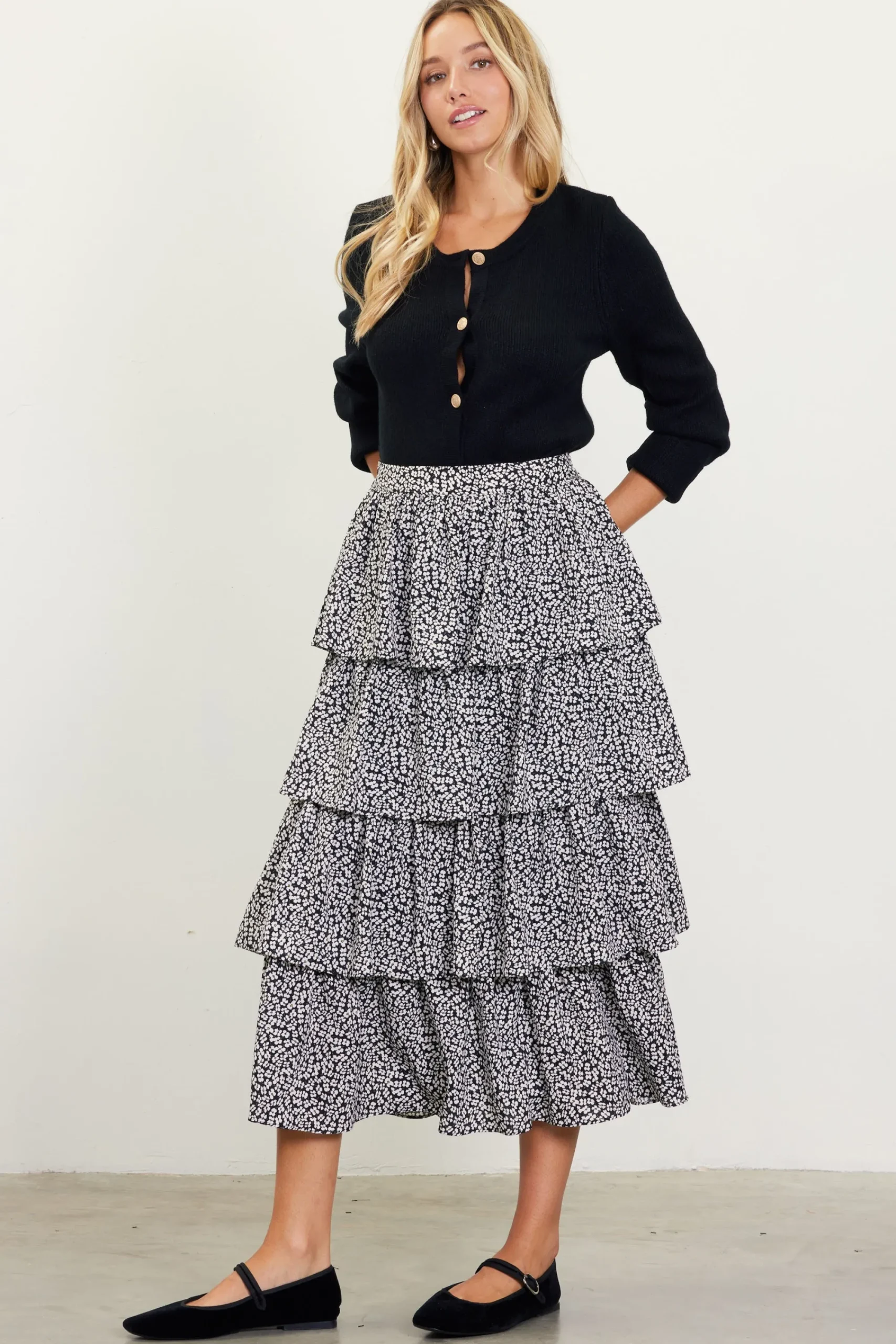 SKIES ARE BLUE Dainty Floral Print Ruffle Midi Skirt* Skirts
