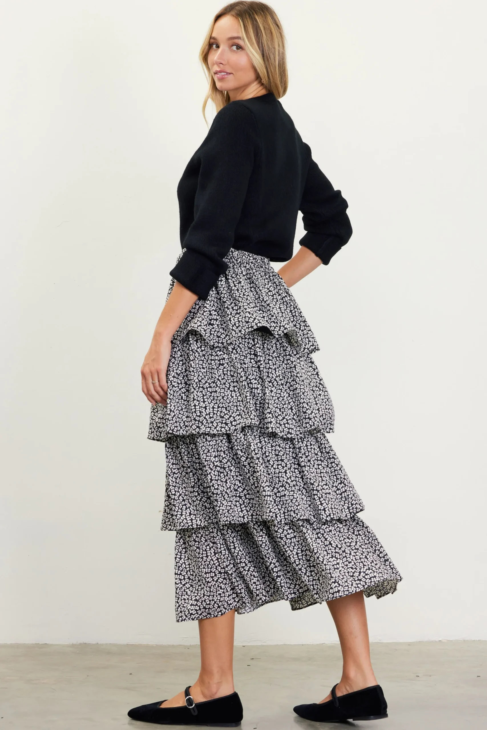 SKIES ARE BLUE Dainty Floral Print Ruffle Midi Skirt* Skirts