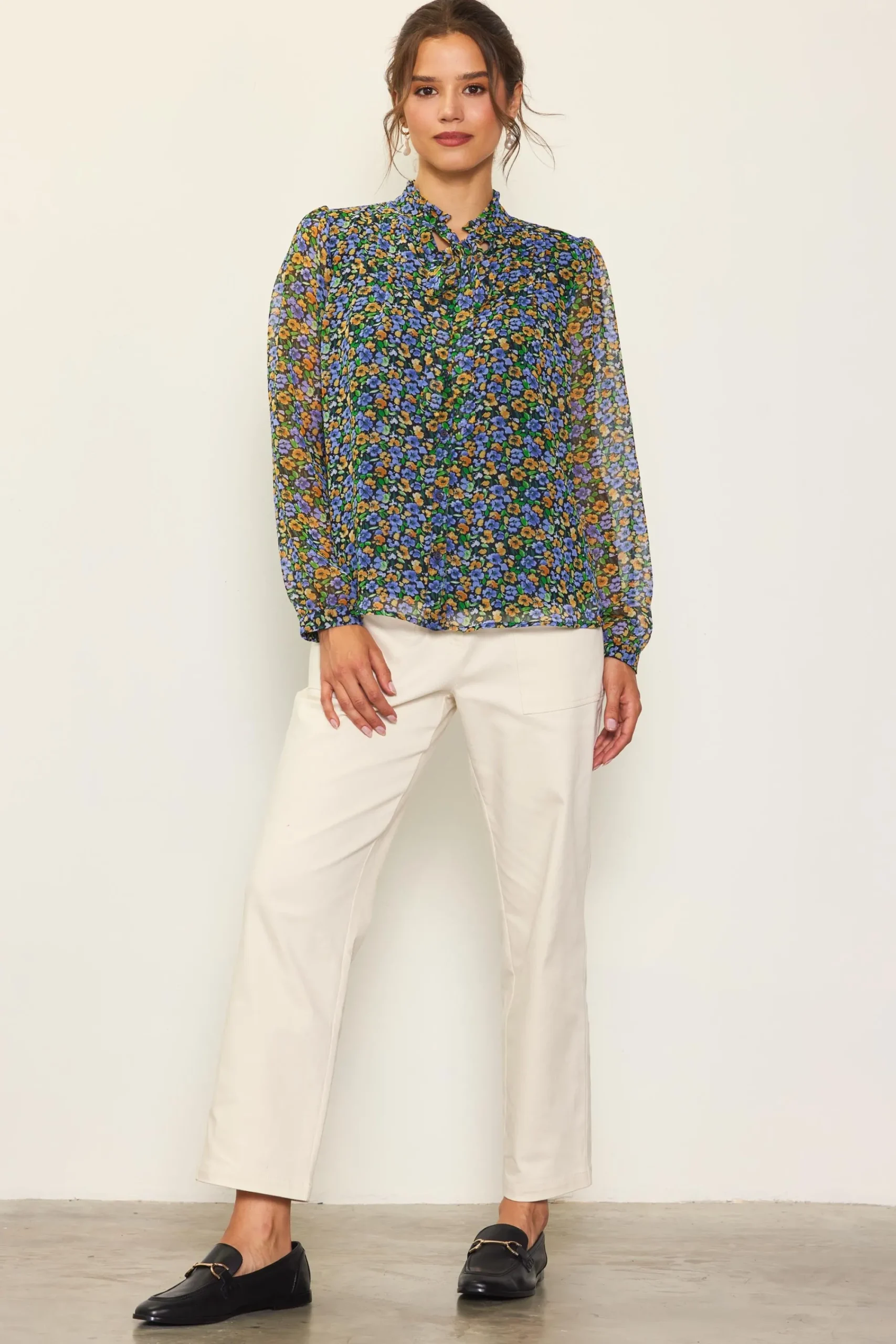 SKIES ARE BLUE Daisy Print Neck Tie Blouse* Blouses|Long Sleeve Tops