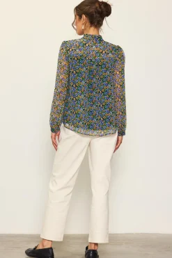 SKIES ARE BLUE Daisy Print Neck Tie Blouse* Blouses|Long Sleeve Tops
