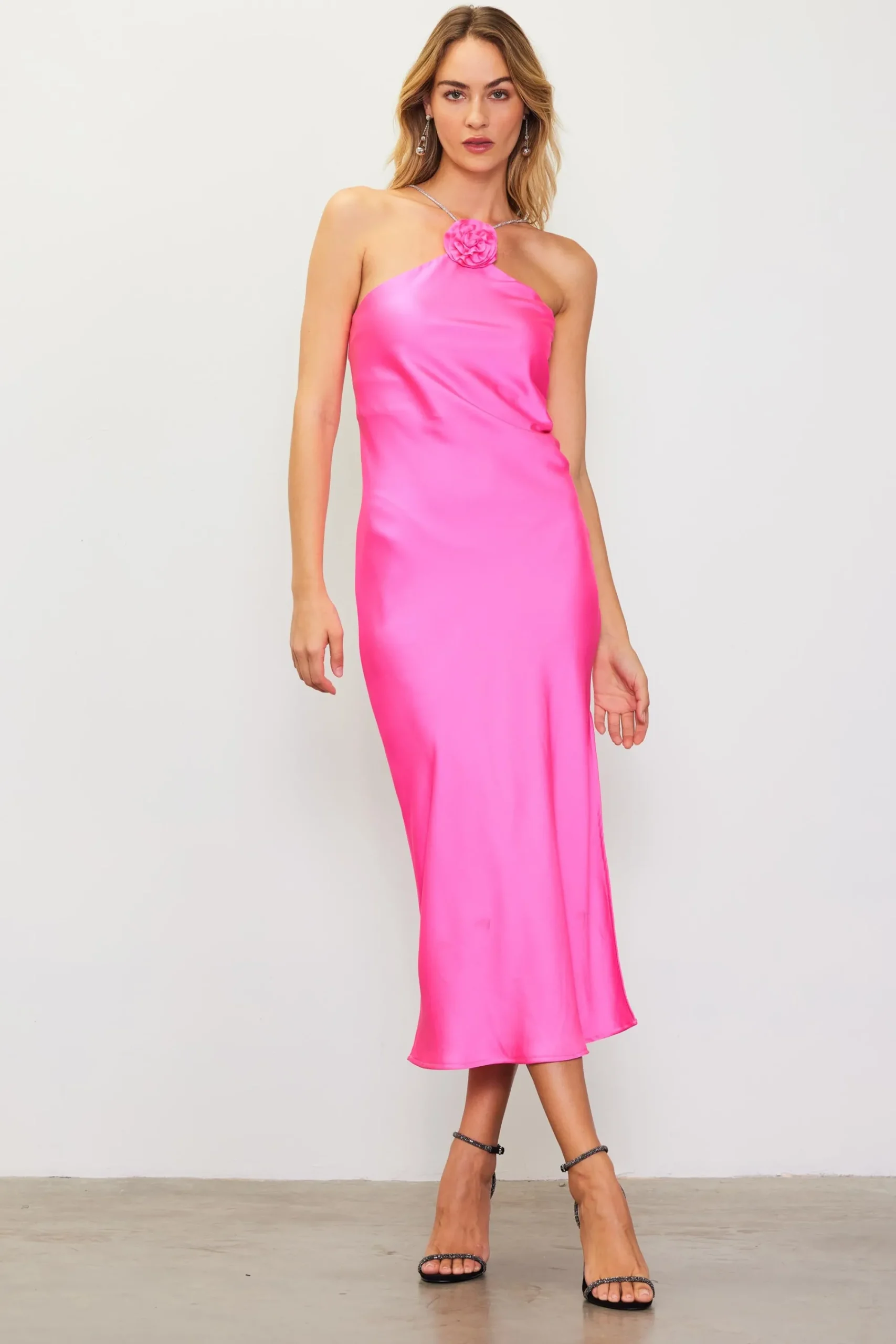 SKIES ARE BLUE Detachable Rosette Metallic Strap Midi Dress* Midi Dresses