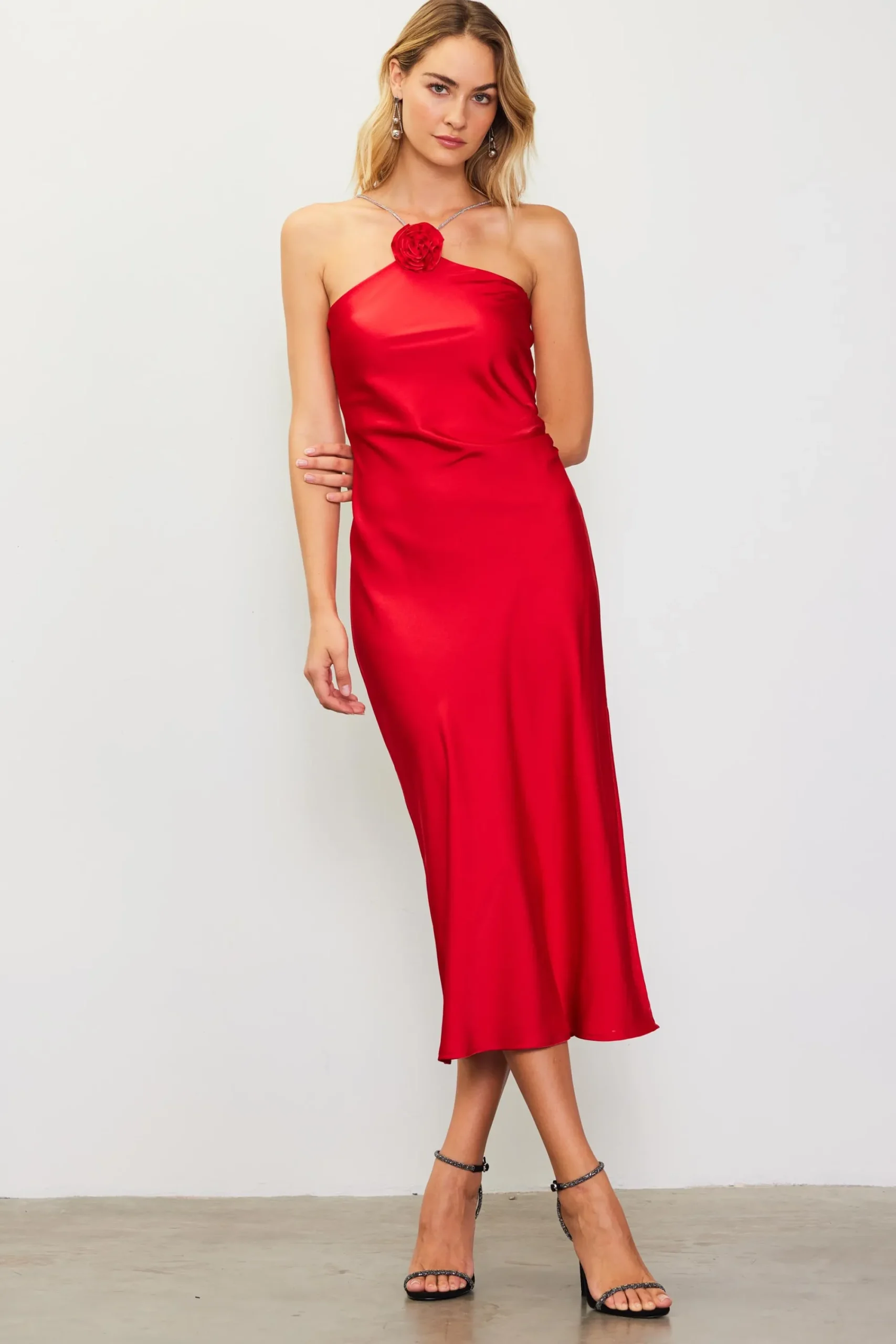 SKIES ARE BLUE Detachable Rosette Metallic Strap Midi Dress* Midi Dresses