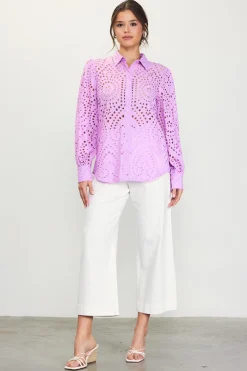 SKIES ARE BLUE Eyelet Buttondown Shirt* Blouses|Long Sleeve Tops