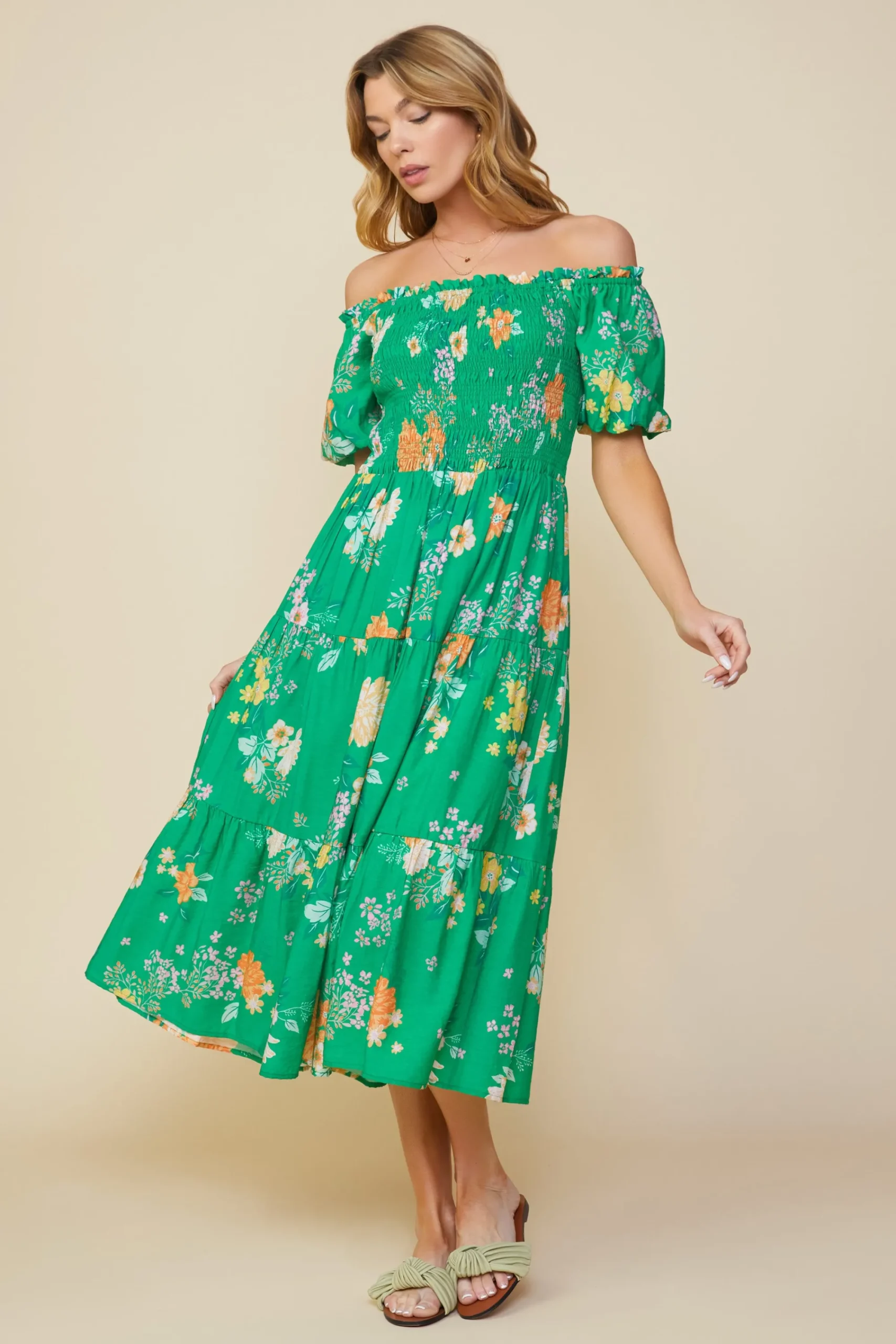 SKIES ARE BLUE Fleur Print Off Shoulder Midi Dress* Midi Dresses