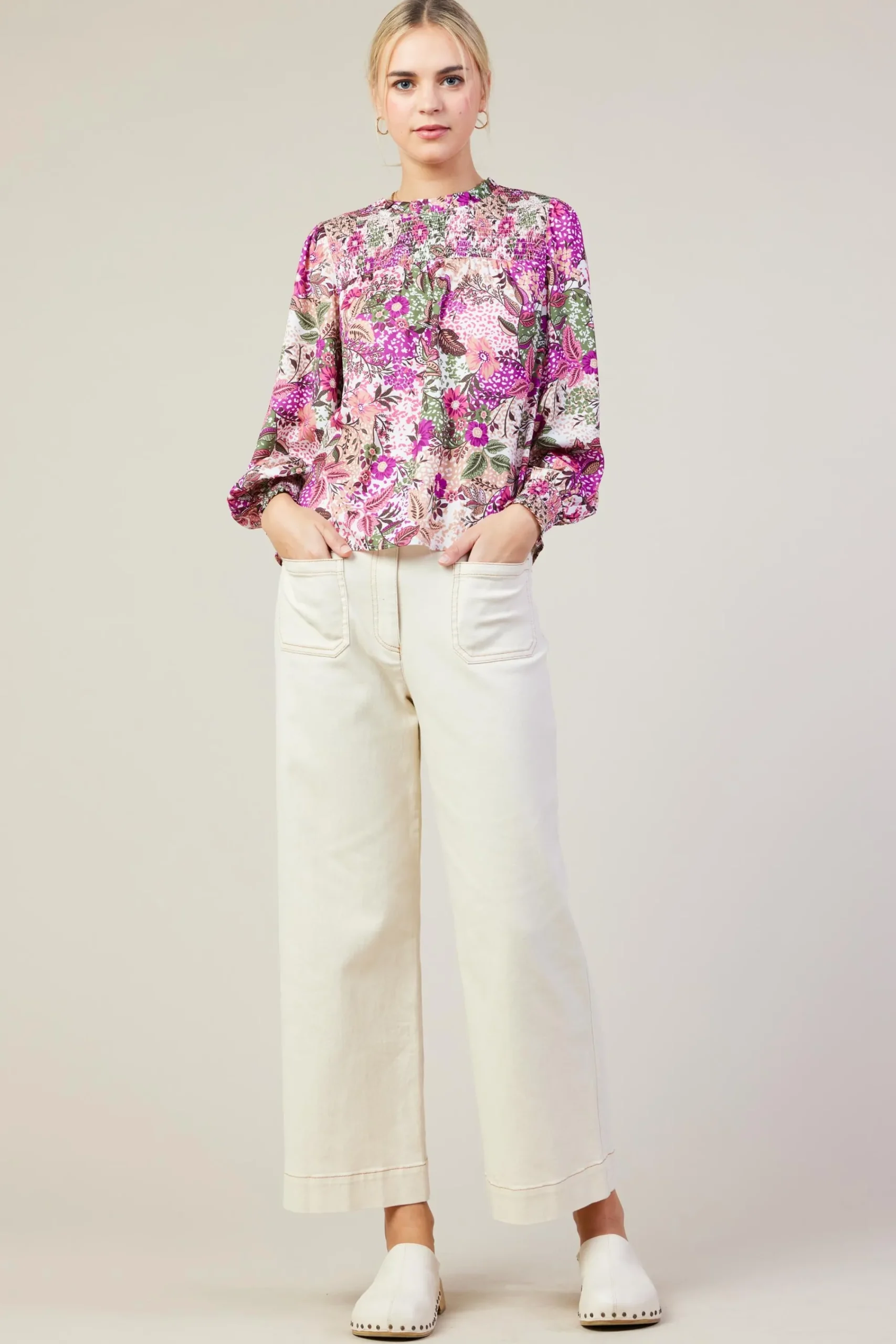 SKIES ARE BLUE Floral Print Smocked Neckline Blouse* Blouses|Long Sleeve Tops