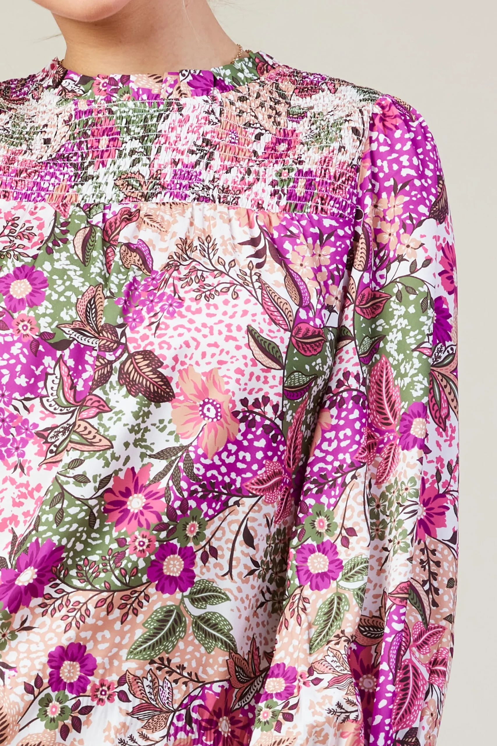 SKIES ARE BLUE Floral Print Smocked Neckline Blouse* Blouses|Long Sleeve Tops