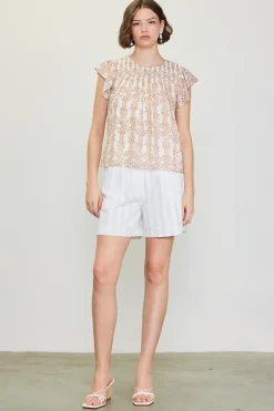 SKIES ARE BLUE Floral Print Smocked Yoke Top* Short Sleeve Tops