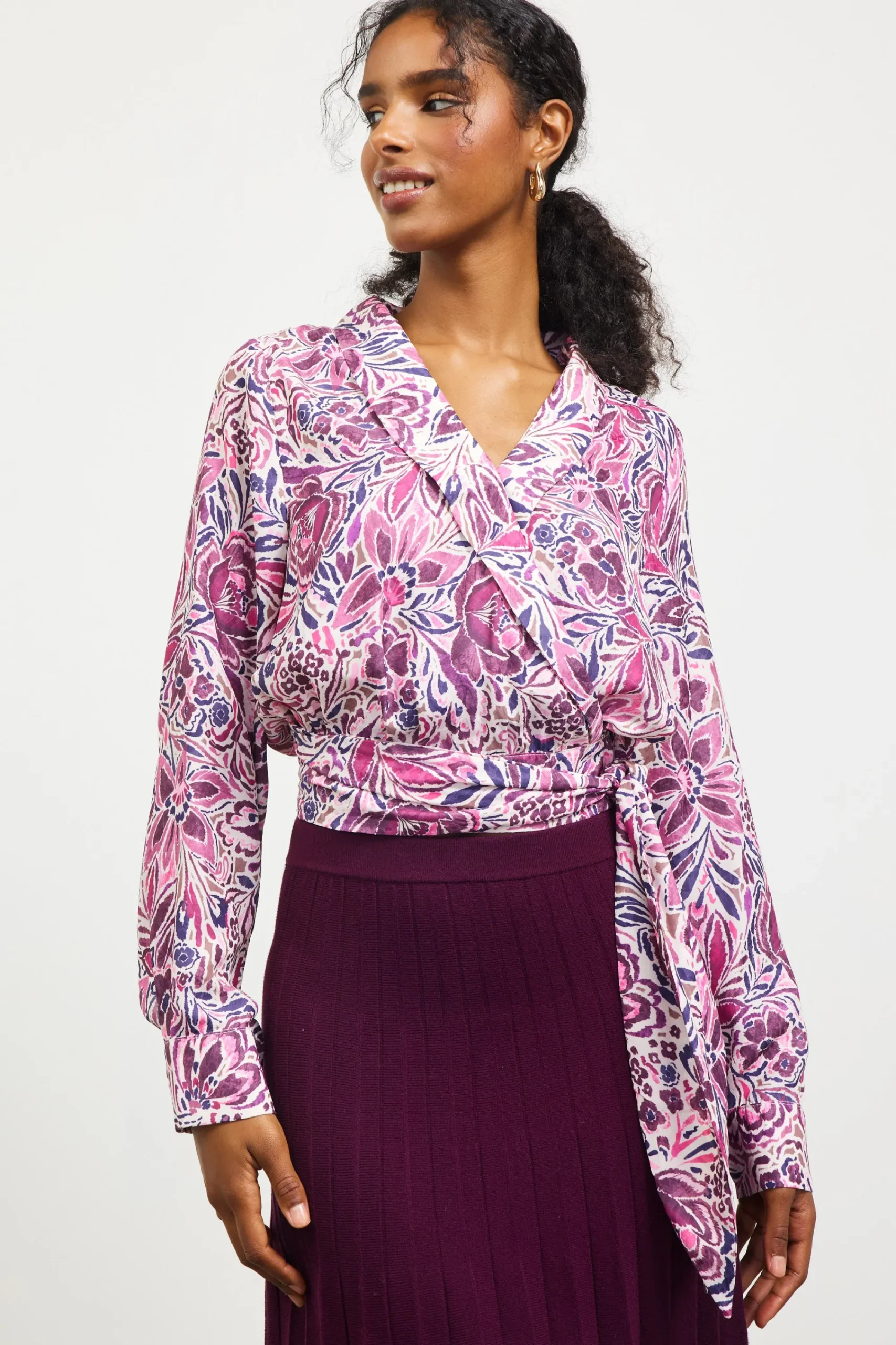 SKIES ARE BLUE Floral Print Waist Self Tie Top* Long Sleeve Tops