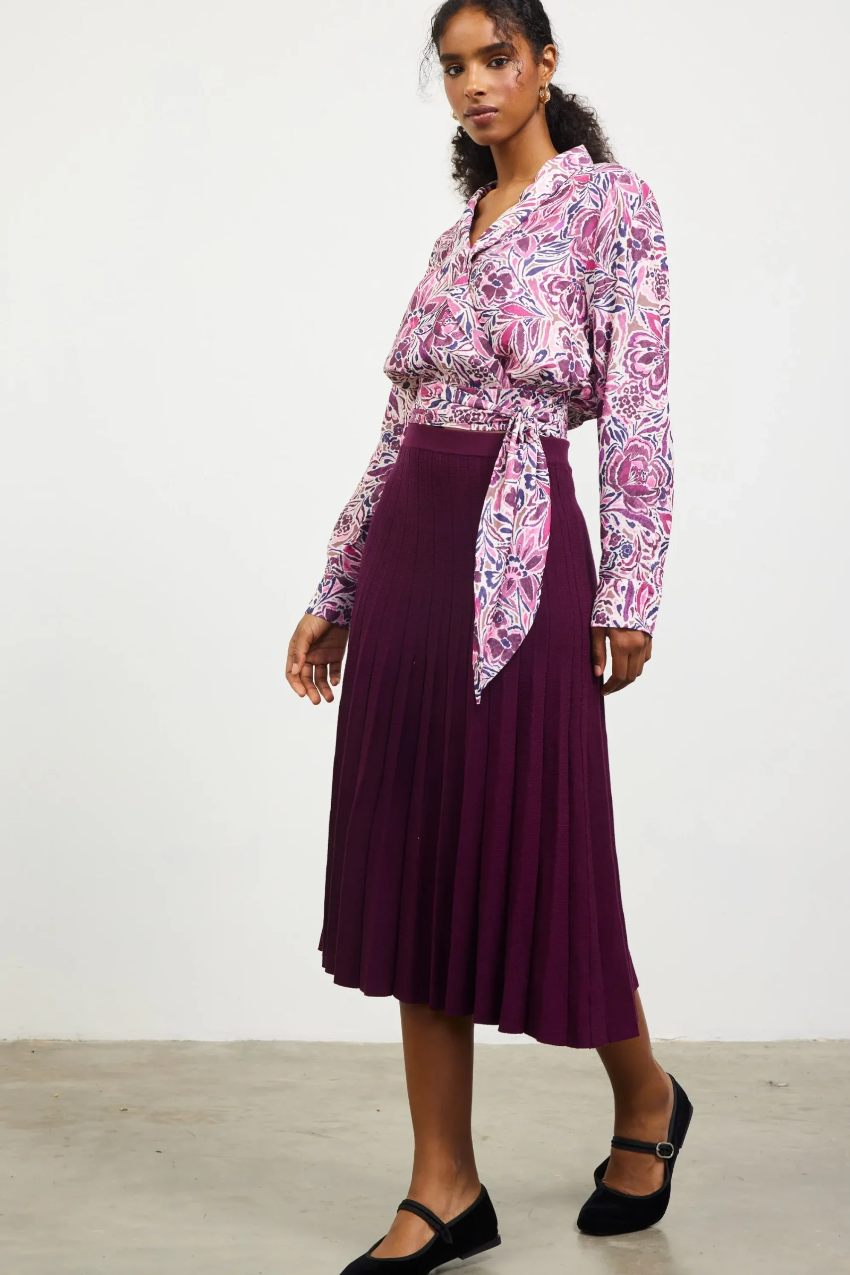 SKIES ARE BLUE Floral Print Waist Self Tie Top* Long Sleeve Tops