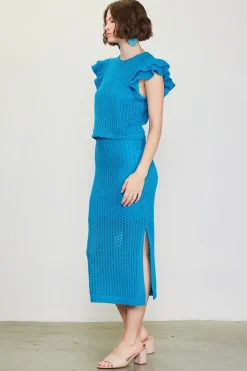 SKIES ARE BLUE Flutter Sleeve Crochet Sweater* Short Sleeve Tops|Sweaters