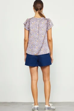 SKIES ARE BLUE Indira Floral Print Split Neck Top* Short Sleeve Tops