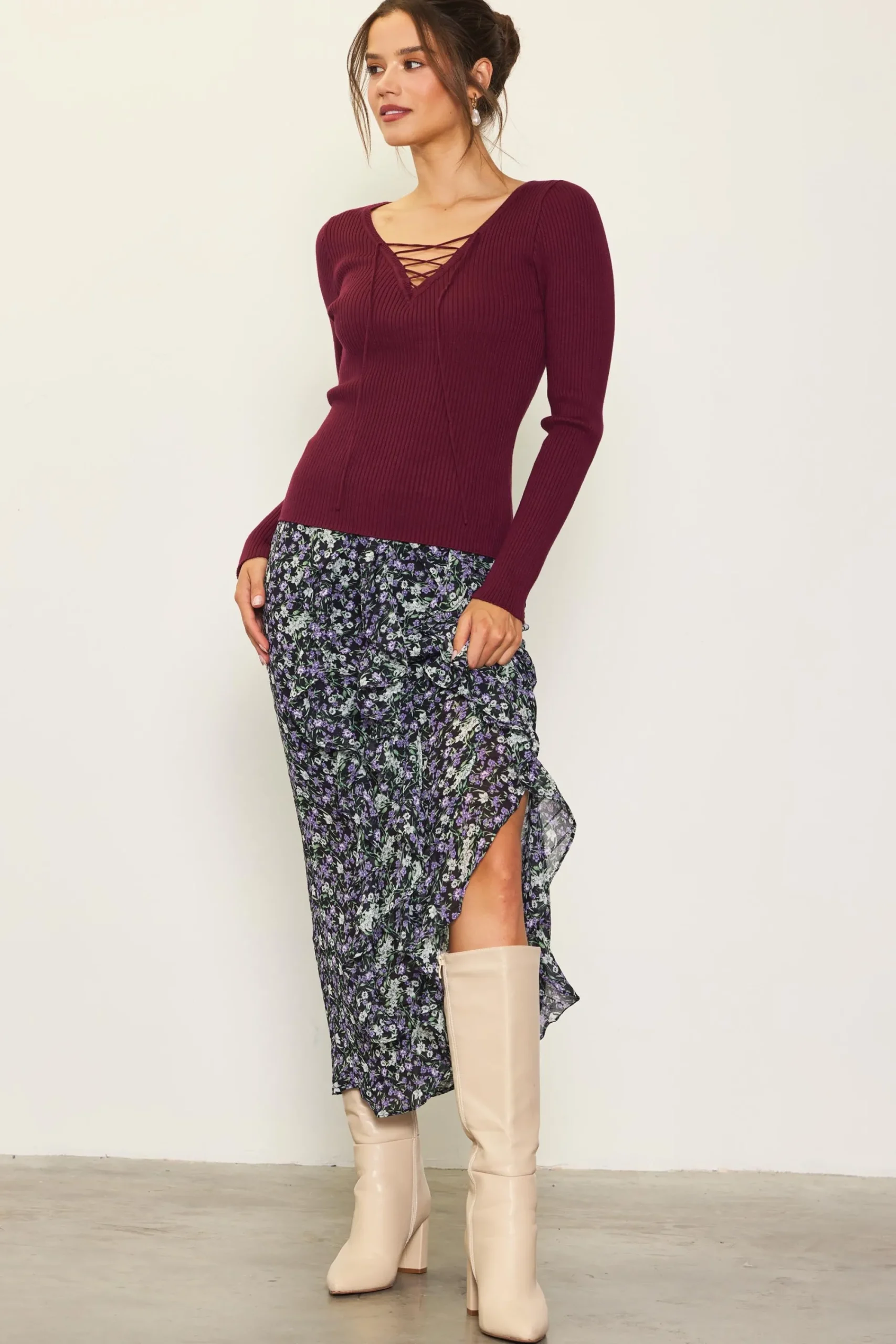 SKIES ARE BLUE Laced Up Long Sleeve Knit Top* Long Sleeve Tops