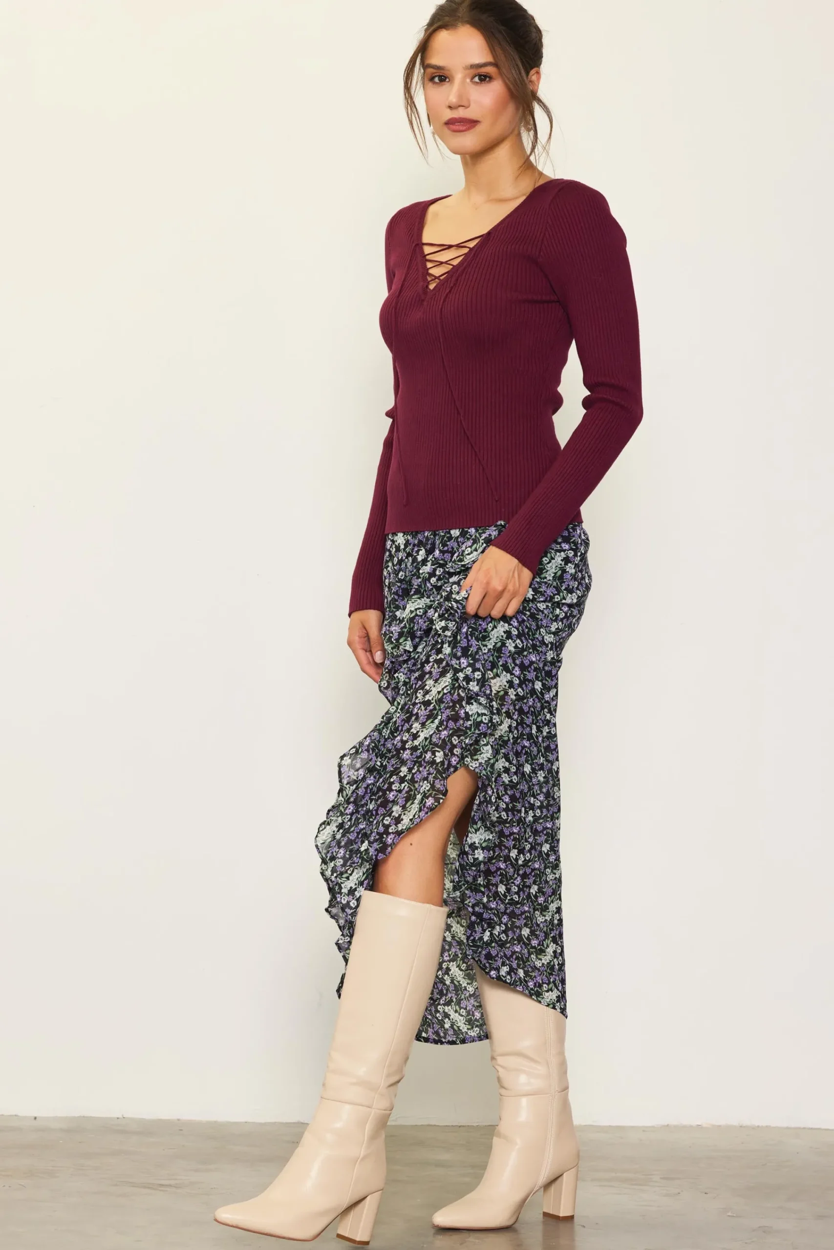 SKIES ARE BLUE Laced Up Long Sleeve Knit Top* Long Sleeve Tops