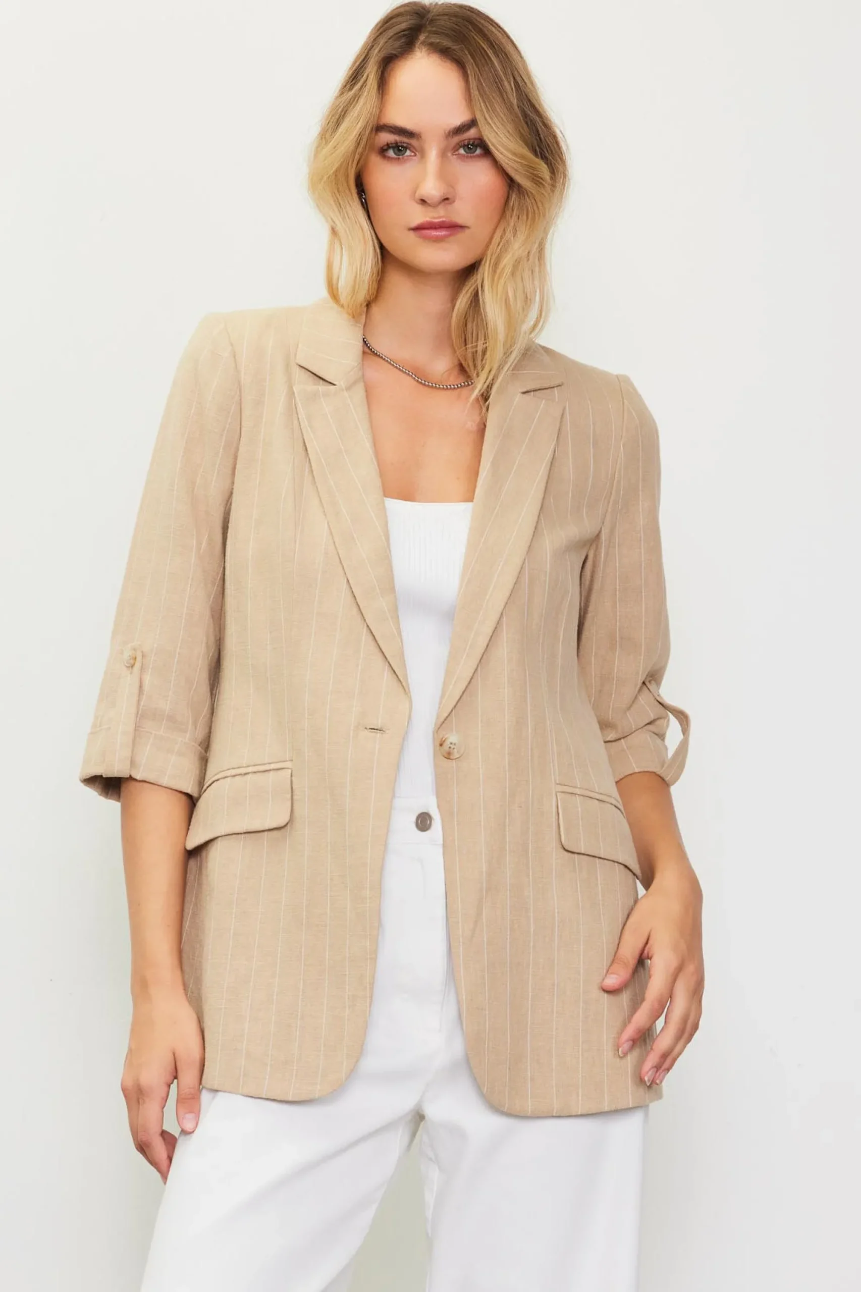 SKIES ARE BLUE Linen Pinstripe Cuffed Blazer* Blazers
