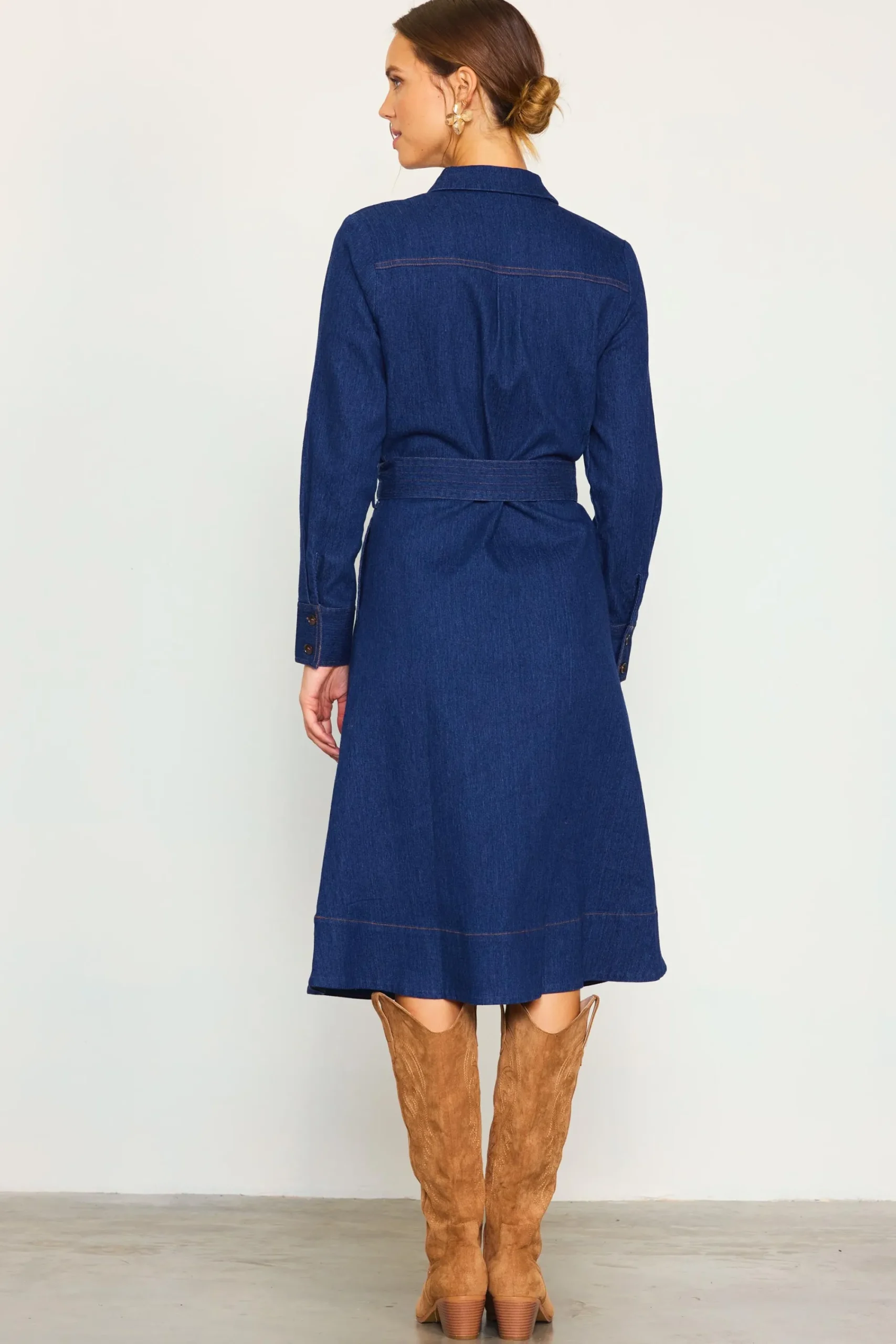 SKIES ARE BLUE Long Sleeve Denim Shirt Dress* Midi Dresses