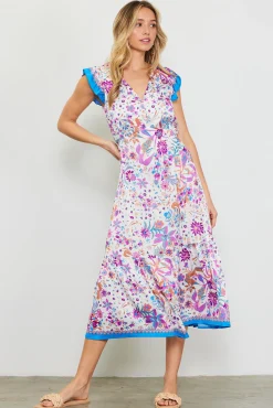 SKIES ARE BLUE Magnolia Border Print Flutter Sleeve Dress* Midi Dresses