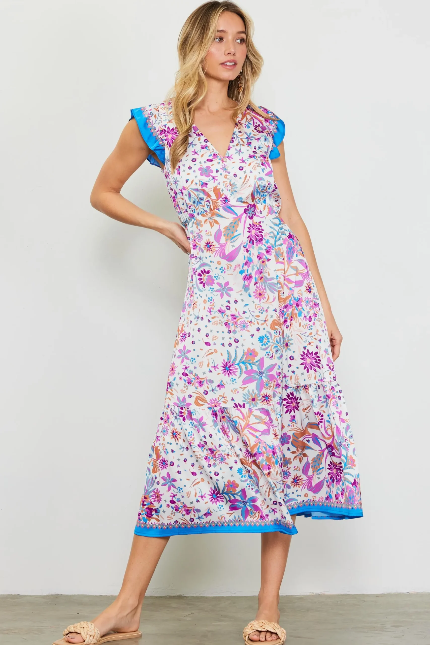 SKIES ARE BLUE Magnolia Border Print Flutter Sleeve Dress* Midi Dresses