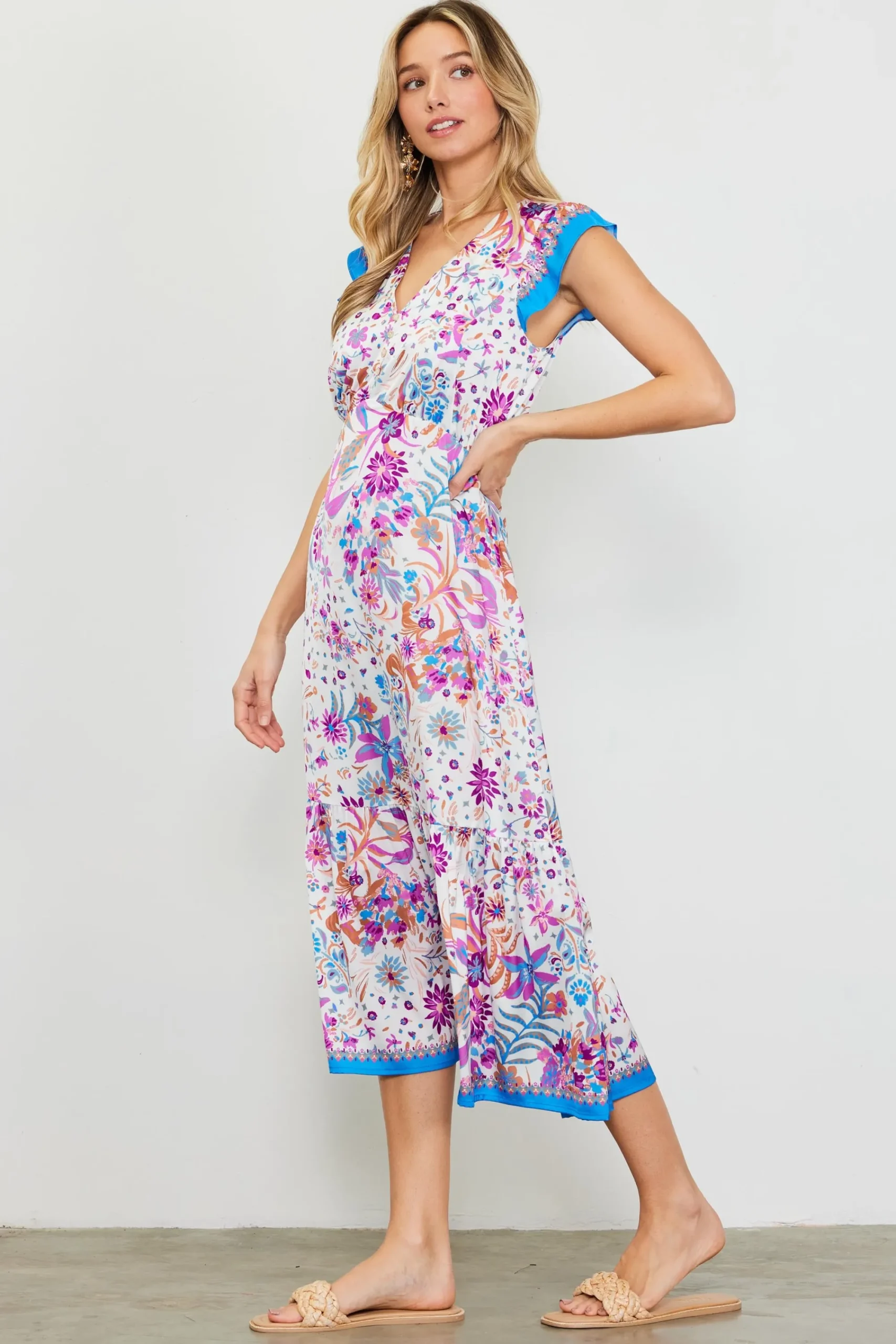 SKIES ARE BLUE Magnolia Border Print Flutter Sleeve Dress* Midi Dresses
