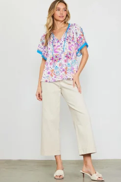 SKIES ARE BLUE Magnolia Border Print Short Sleeve Top* Short Sleeve Tops