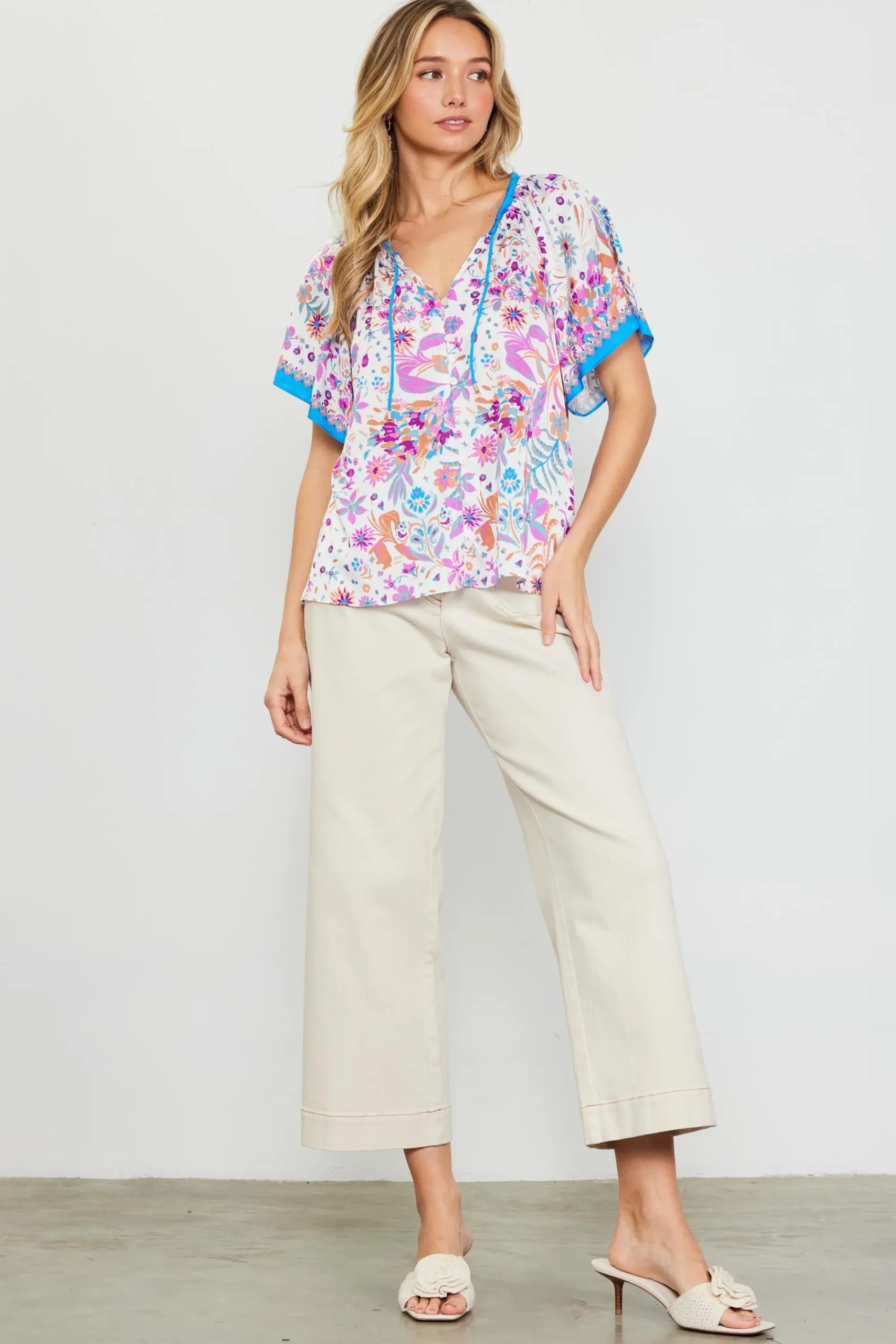SKIES ARE BLUE Magnolia Border Print Short Sleeve Top* Short Sleeve Tops