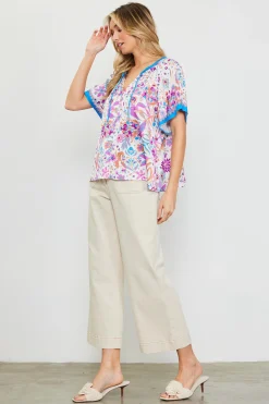 SKIES ARE BLUE Magnolia Border Print Short Sleeve Top* Short Sleeve Tops