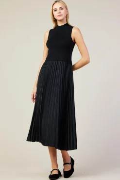 SKIES ARE BLUE Mixed Media Pleated Midi Dress* Midi Dresses