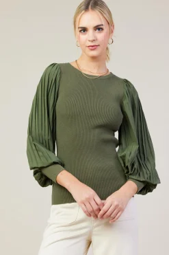 SKIES ARE BLUE Mixed Media Pleated Sleeve Top* Long Sleeve Tops
