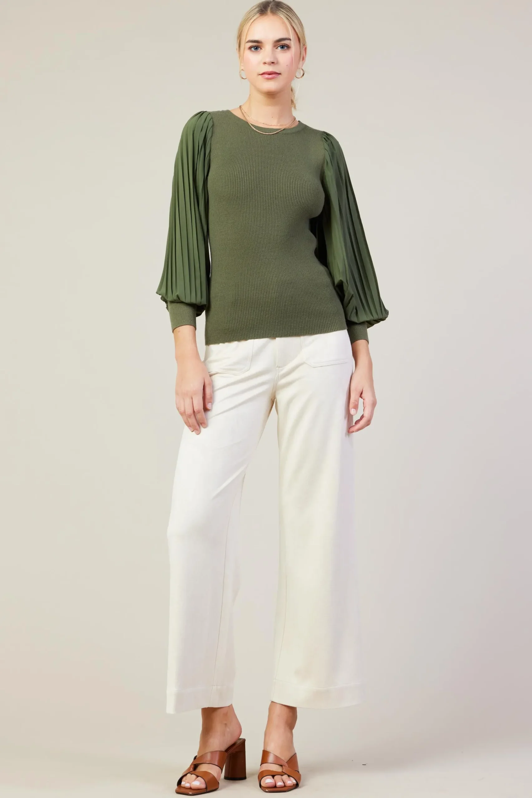 SKIES ARE BLUE Mixed Media Pleated Sleeve Top* Long Sleeve Tops