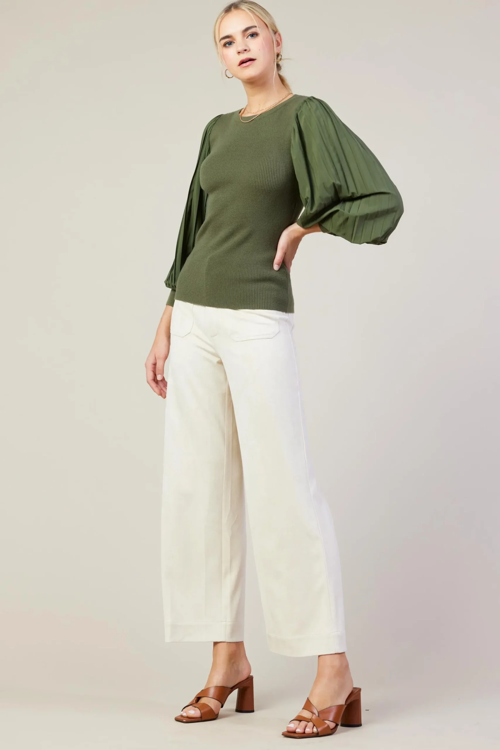 SKIES ARE BLUE Mixed Media Pleated Sleeve Top* Long Sleeve Tops