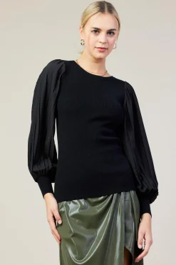 SKIES ARE BLUE Mixed Media Pleated Sleeve Top* Long Sleeve Tops