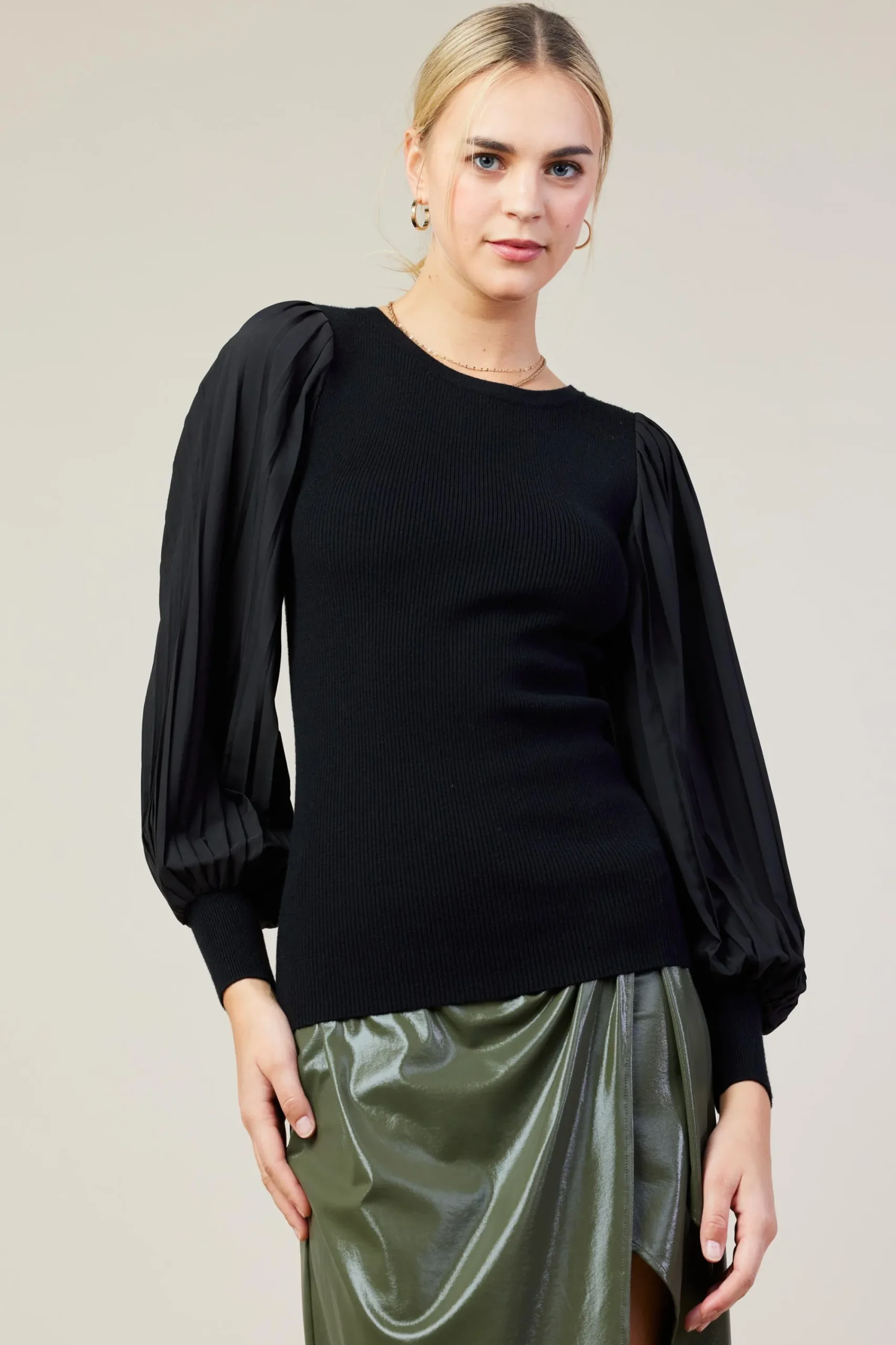 SKIES ARE BLUE Mixed Media Pleated Sleeve Top* Long Sleeve Tops