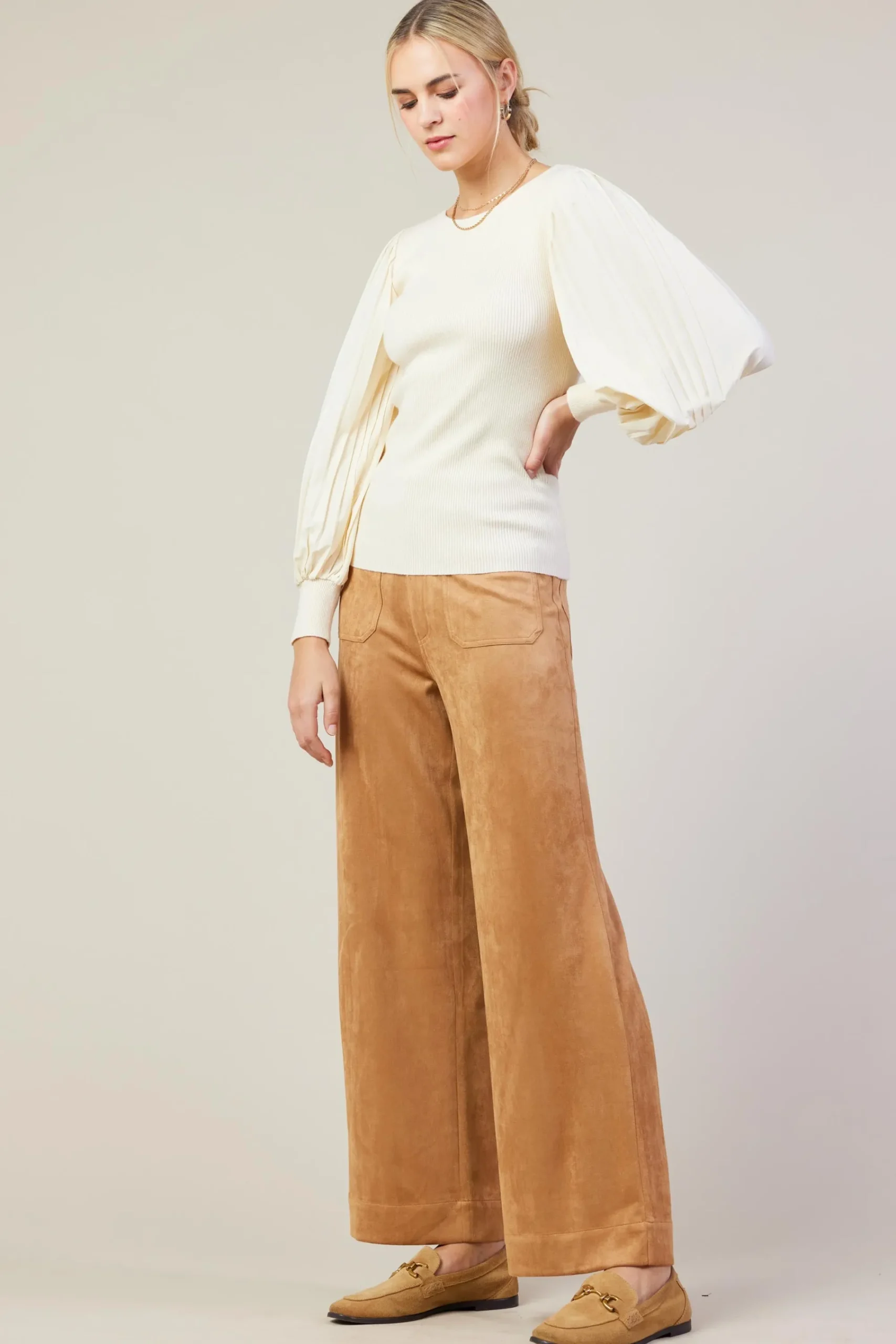 SKIES ARE BLUE Mixed Media Pleated Sleeve Top* Long Sleeve Tops