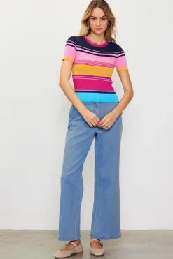 SKIES ARE BLUE Multicolor Stripe Knit Top* Short Sleeve Tops|Sweaters