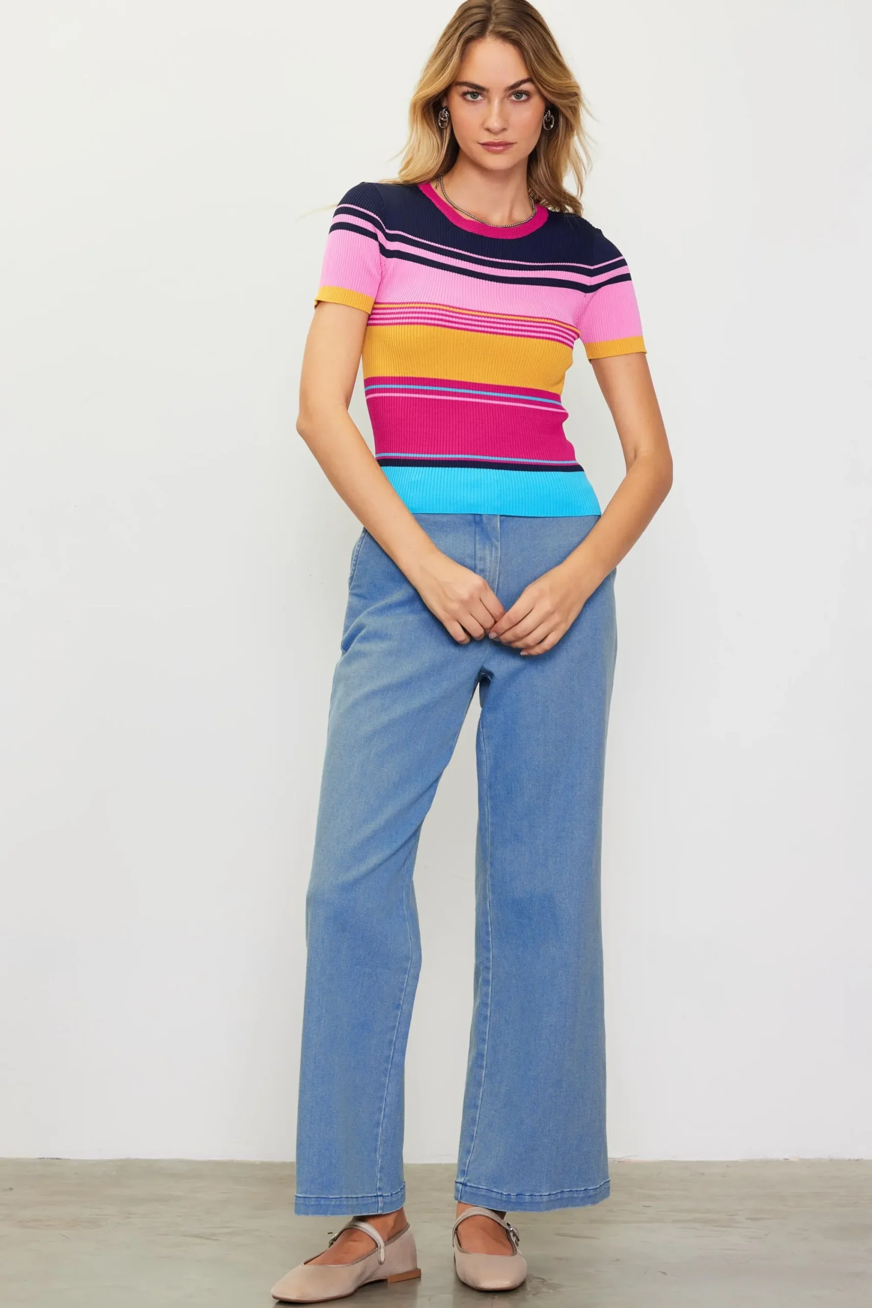 SKIES ARE BLUE Multicolor Stripe Knit Top* Short Sleeve Tops|Sweaters