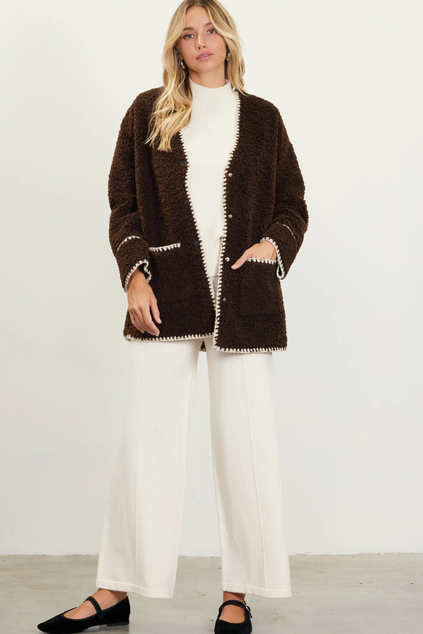 SKIES ARE BLUE Noelle Contrast Stitch Detail Sherpa Coat* Outerwear