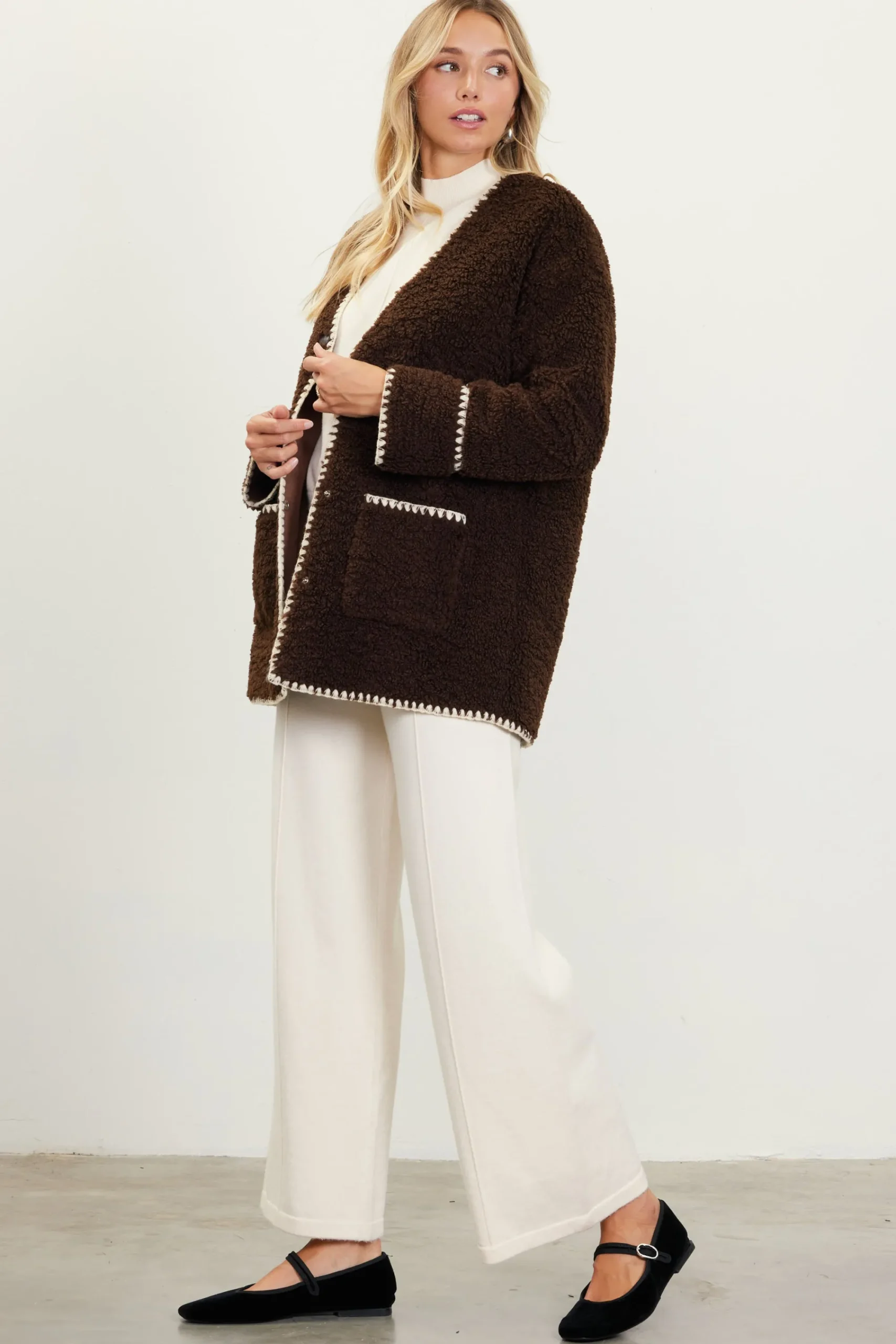 SKIES ARE BLUE Noelle Contrast Stitch Detail Sherpa Coat* Outerwear