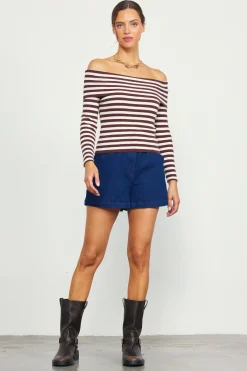 SKIES ARE BLUE Off Shoulder Stripped Knit Top* Long Sleeve Tops