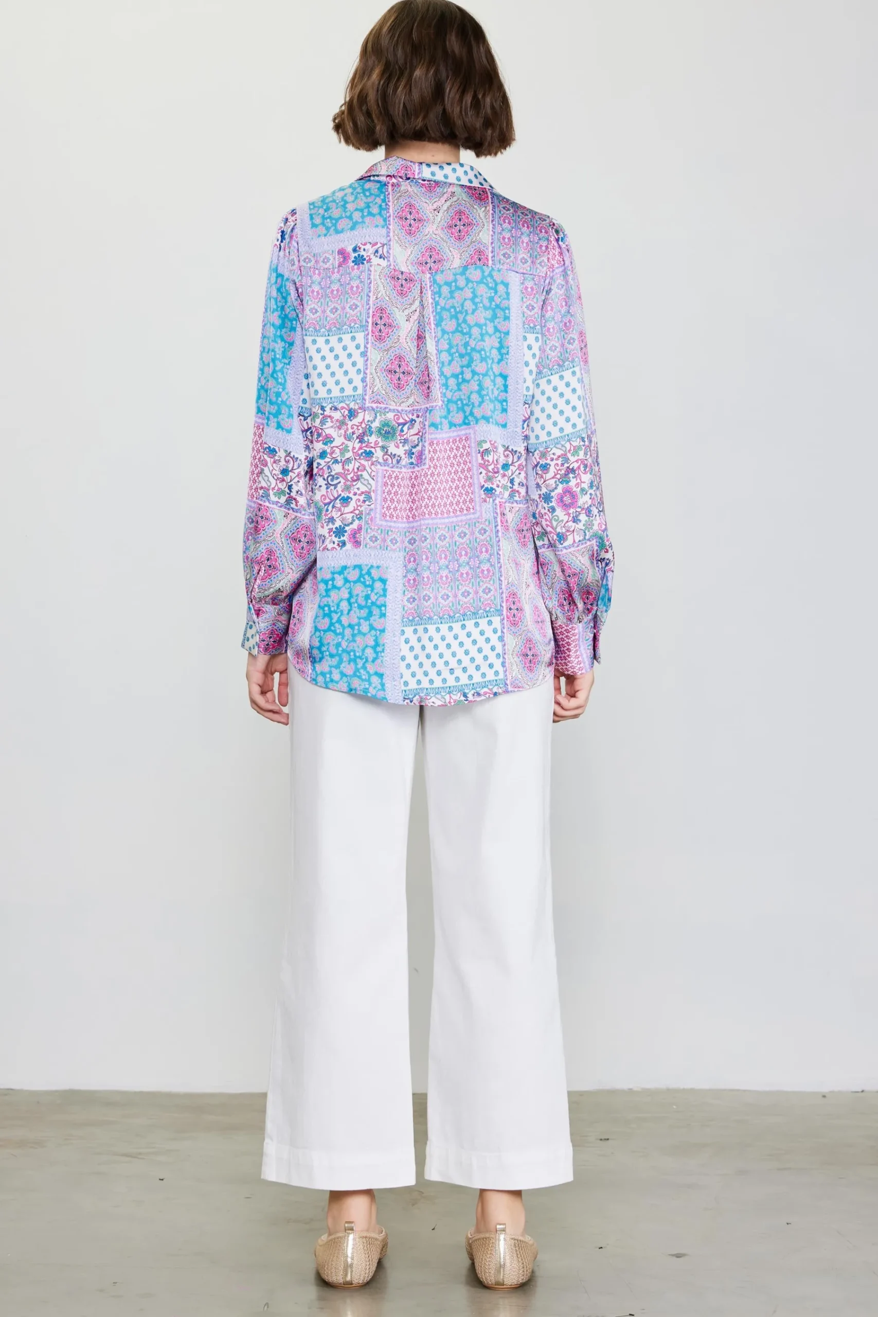 SKIES ARE BLUE Patch Print Button Down Blouse* Blouses|Long Sleeve Tops
