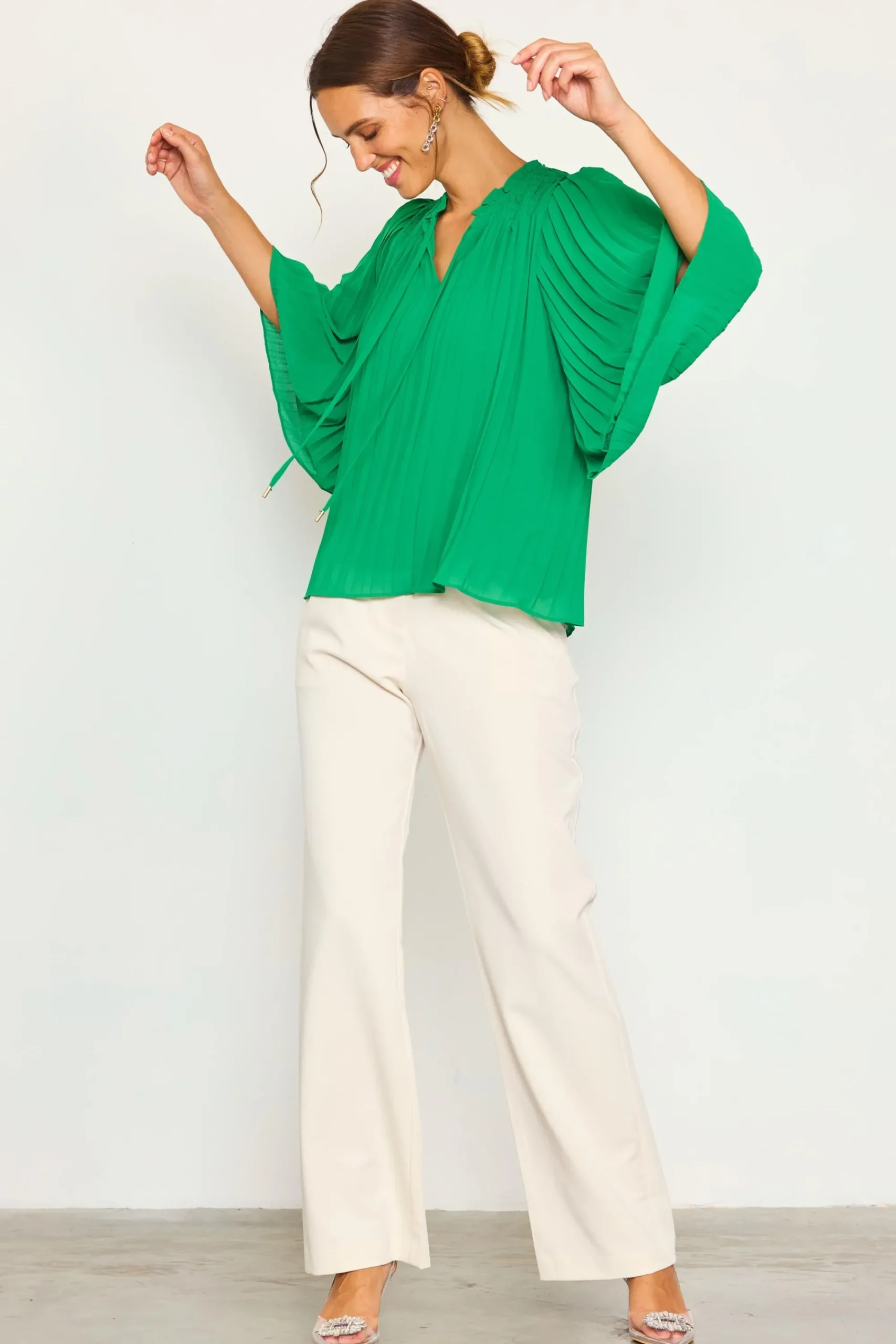 SKIES ARE BLUE Pleated Ruffled Trim Top* Long Sleeve Tops