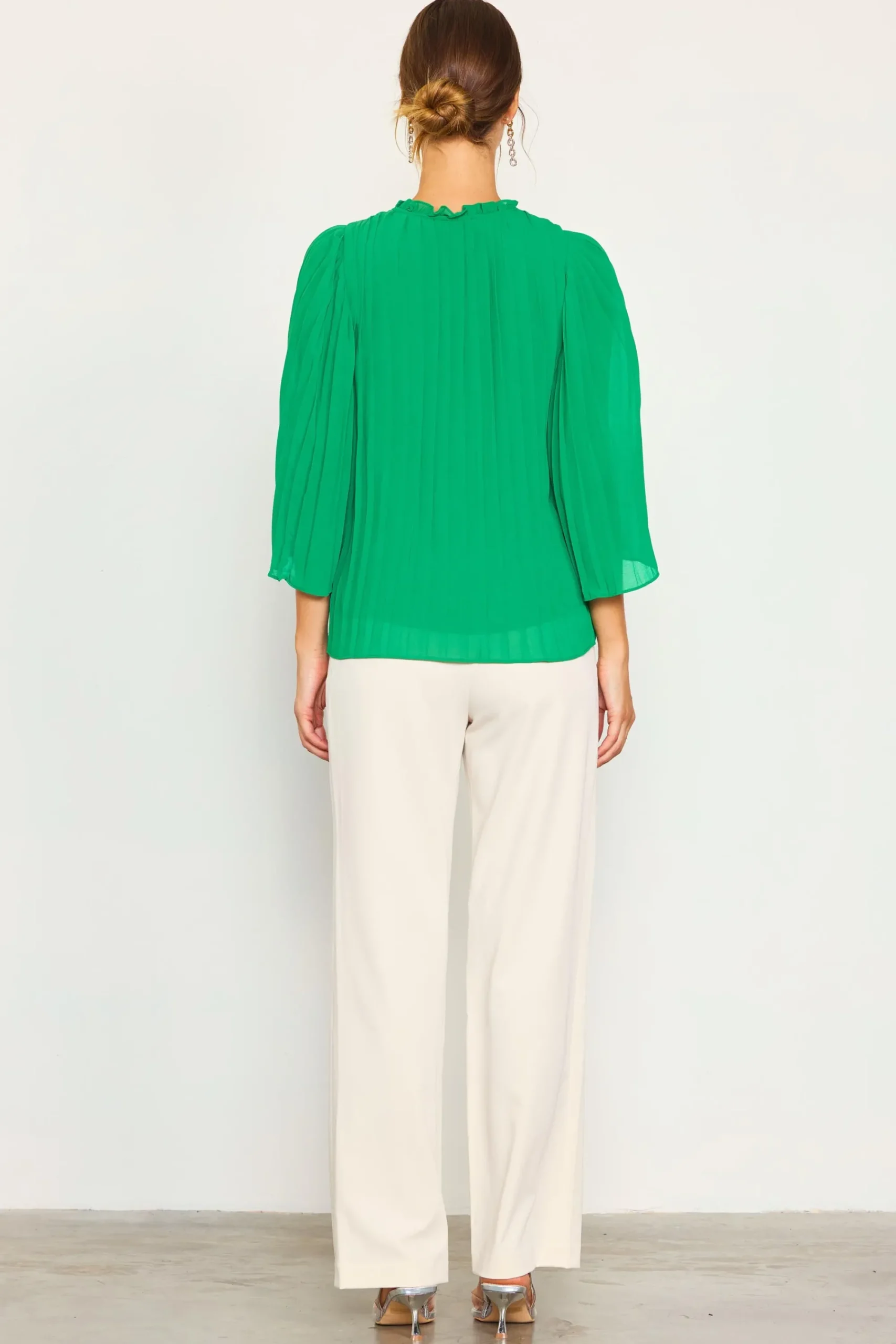 SKIES ARE BLUE Pleated Ruffled Trim Top* Long Sleeve Tops
