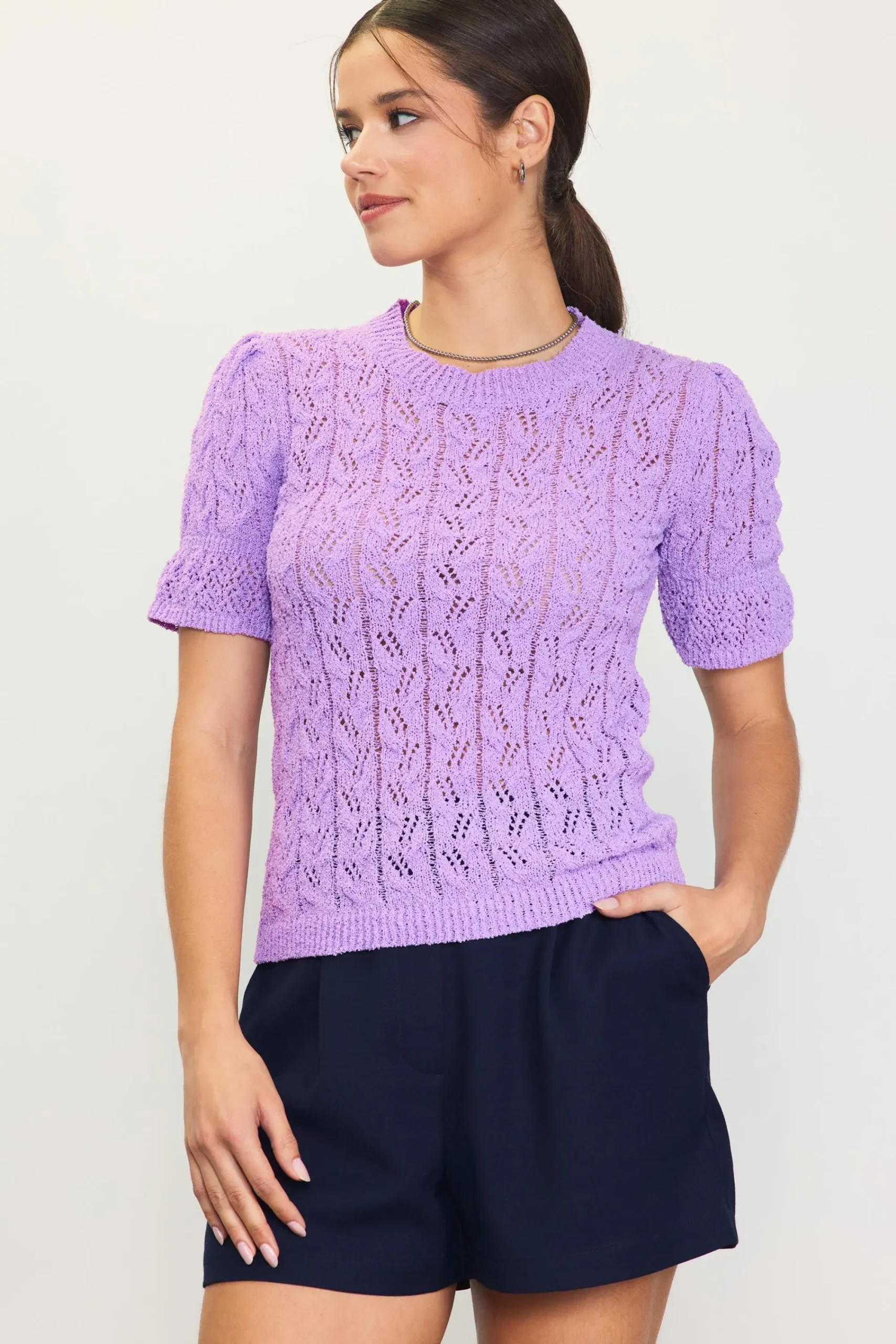 SKIES ARE BLUE Pointelle Short Sleeve Sweater* Short Sleeve Tops|Sweaters