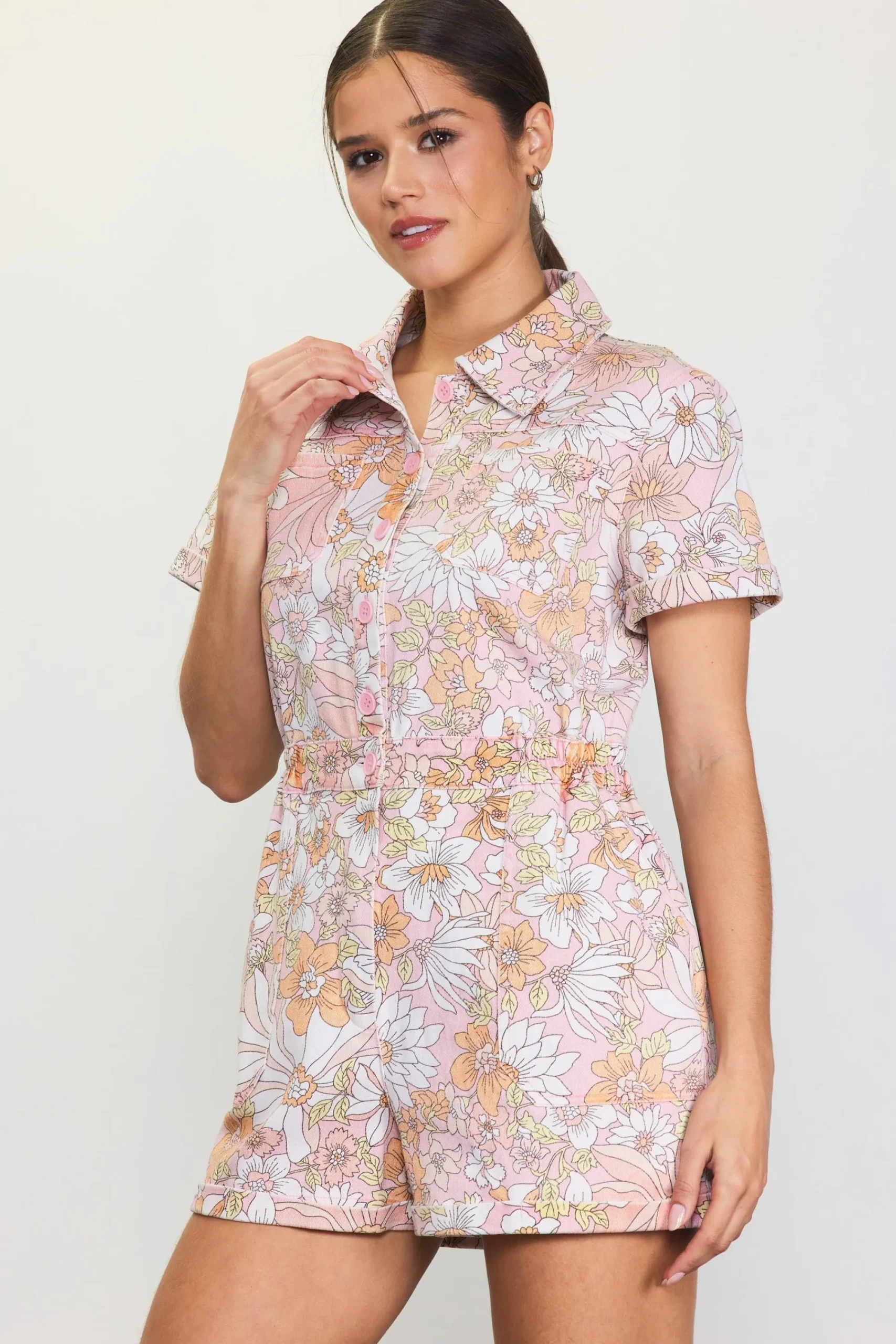 SKIES ARE BLUE Retro Floral Collared Romper* Jumpsuits