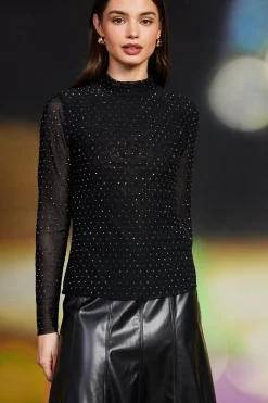 SKIES ARE BLUE Rhinestone Mesh Mock Neck Top* Long Sleeve Tops