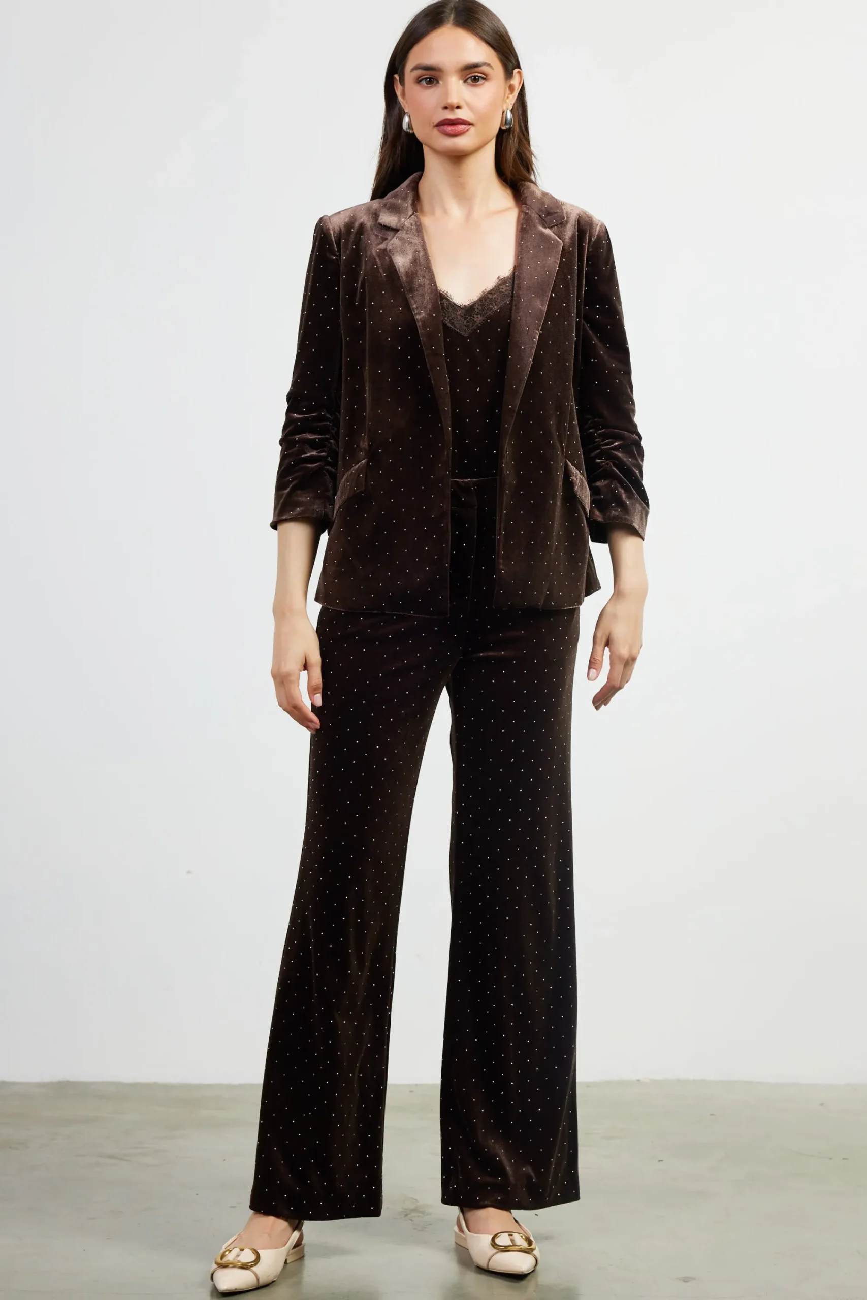 SKIES ARE BLUE Rhinestone Ruched Velvet Blazer* Blazers